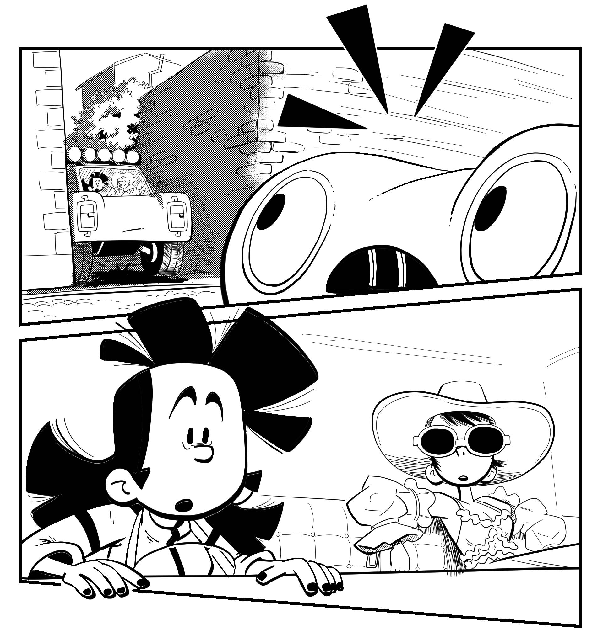 Panel 1, Racecar sees Tess, Butch and Ms Cowboy stuck in the alleyway. Panel 2, Tess leaning forward seeing Racecar. Ms Cowboy looks up.