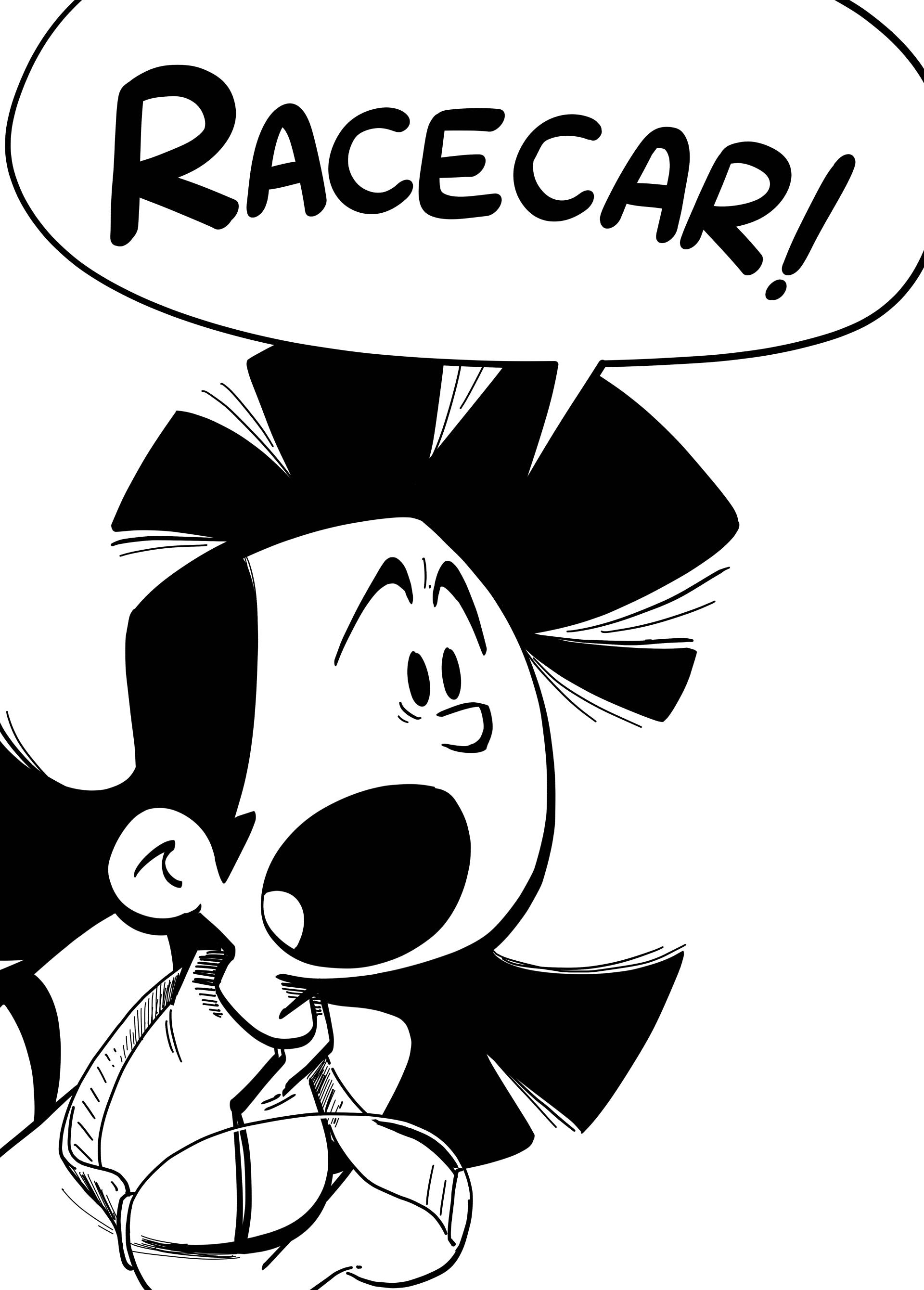 Fullpage spread, close up of Tess shouting. "RACECAR!"