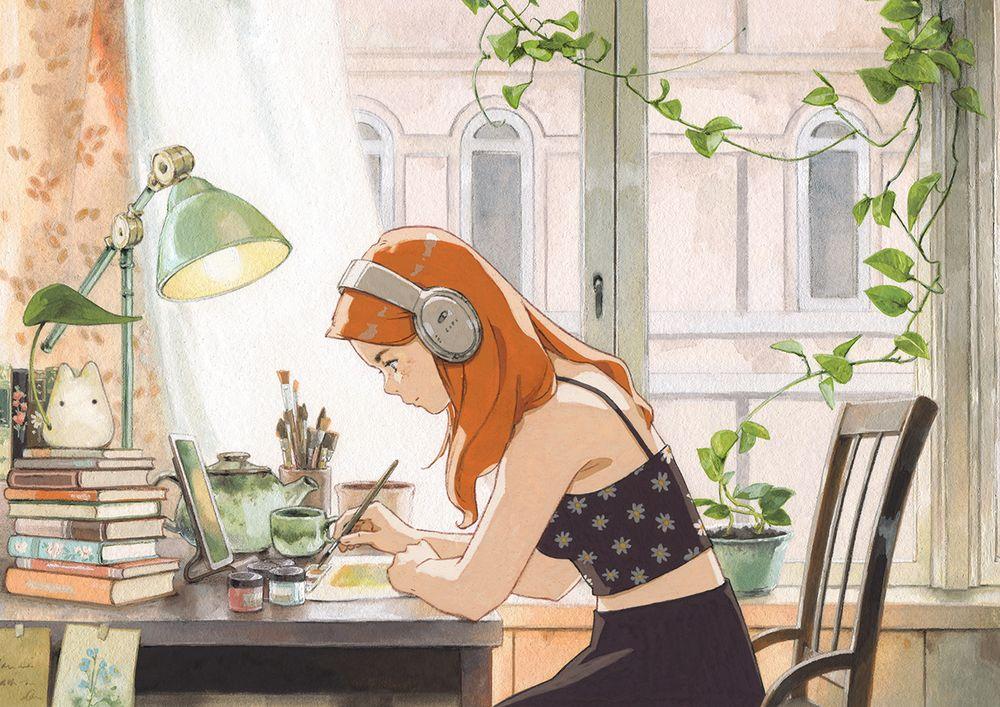 a painting of a girl in front of a window, painting
