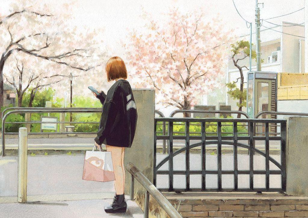 a painting of a girl standing in a street filled with cherry trees, looking at her phone