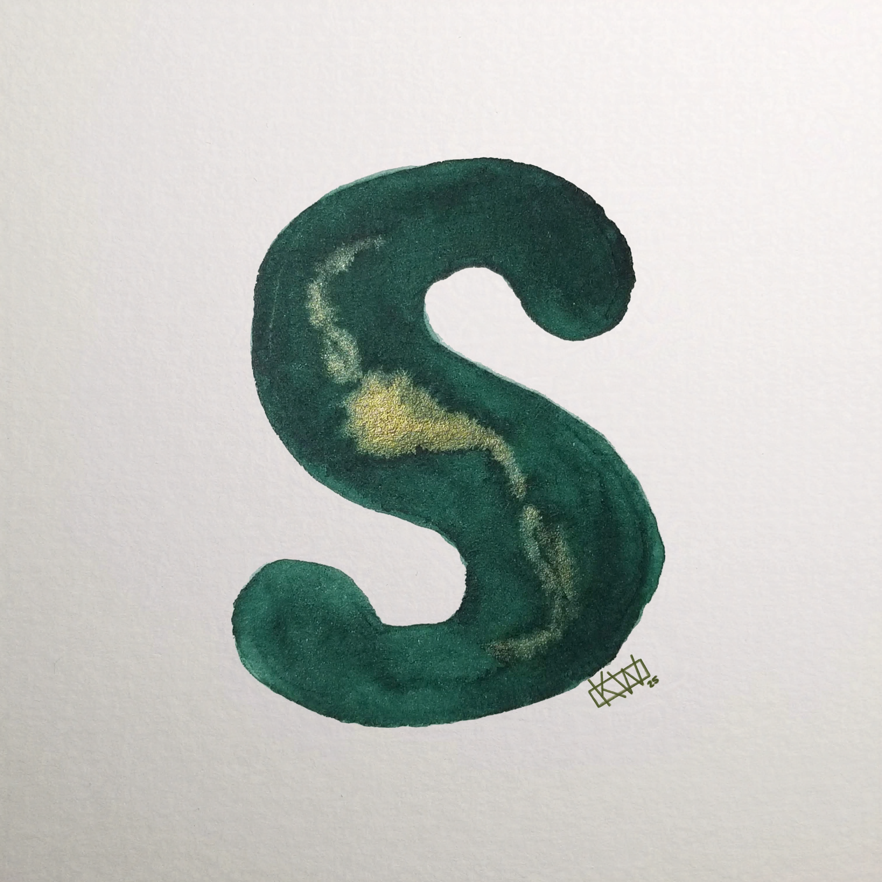 Watercolor of upper case letter S in a lovely shade of green with gold swirls.