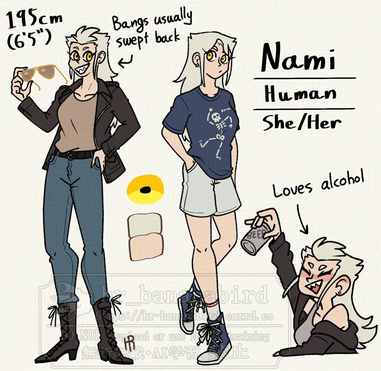 Digitally drawn reference sheet of a human lady named Nami. She has long white hair with swept back bangs, and she tends to wear leather jackets and sunglasses.