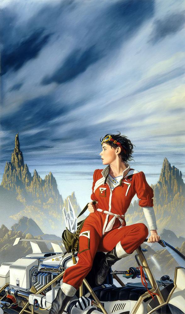 A woman in a red jumpsuit trimmed in white glances back across rough mountainous terrain at dark threatening skies. Her black hair is cropped short and goggles rest on her forehead. She's about to mount an open-seated futuristic space bike. Her hip rests on the roll cage and her hand on the windscreen as she looks back. At her side, she grips a bag filled with long clear crystals.
A woman in a red jumpsuit trimmed in white glances back across rough mountainous terrain at dark threatening skies. Her black hair is cropped short and goggles rest on her forehead. She's about to mount an open-seated futuristic space bike. Her hip rests on the roll cage and her hand on the windscreen as she looks back. At her side, she grips a bag filled with long clear crystals.