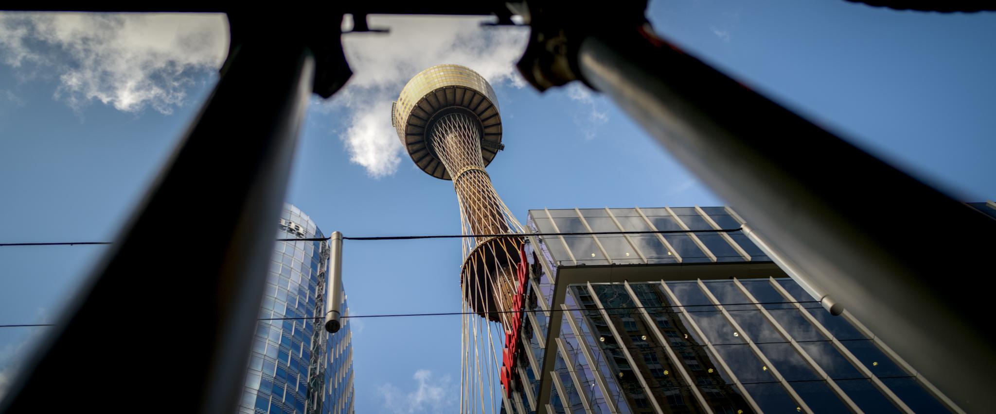 Panoramic photo of Sydney Tower framed between 2 pillars. Panoramic photo of Sydney Tower framed between 2 pillars.