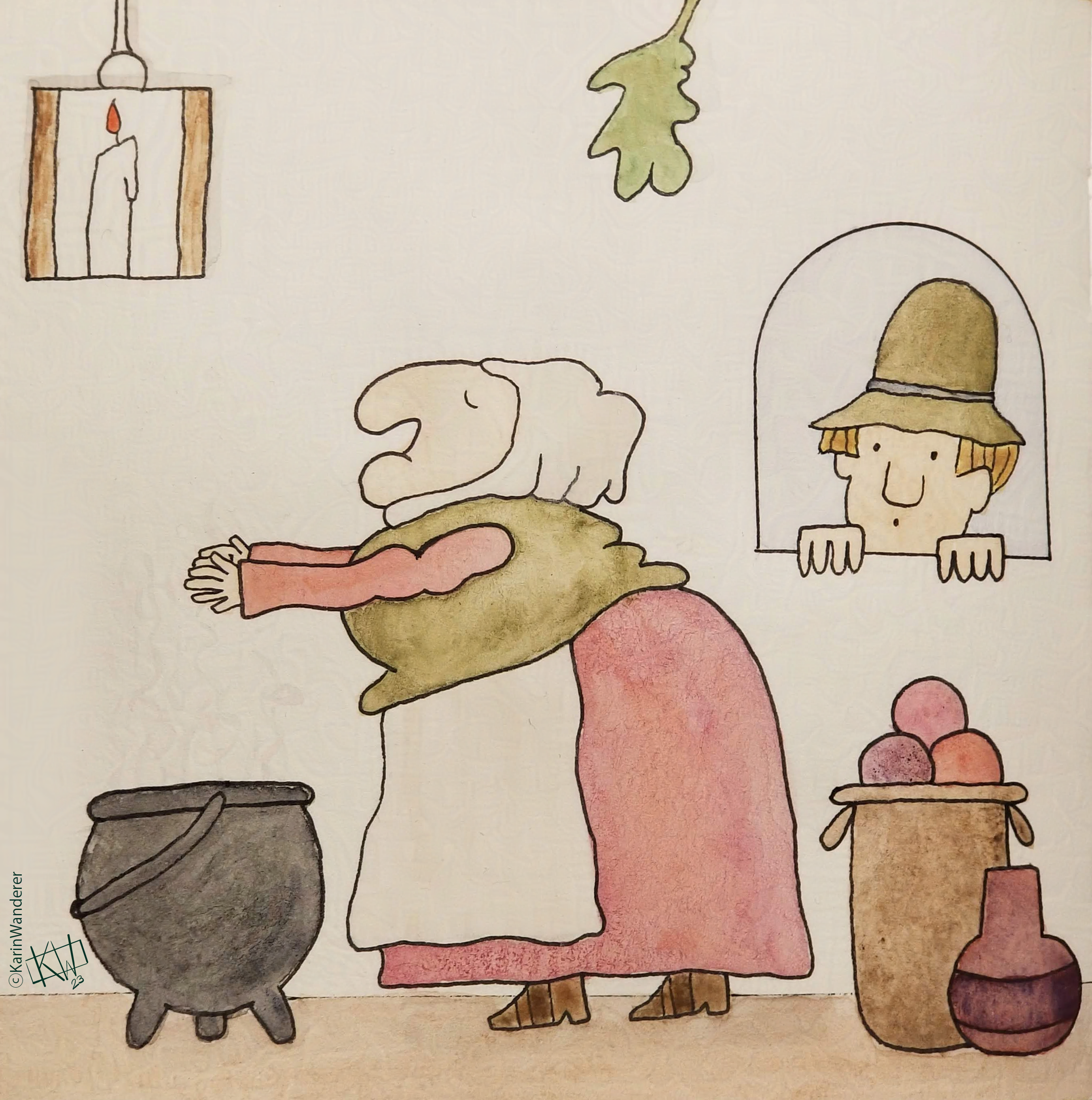 Watercolor of Strega Nona stirring her pasta pot while Big Anthony watches through the window.