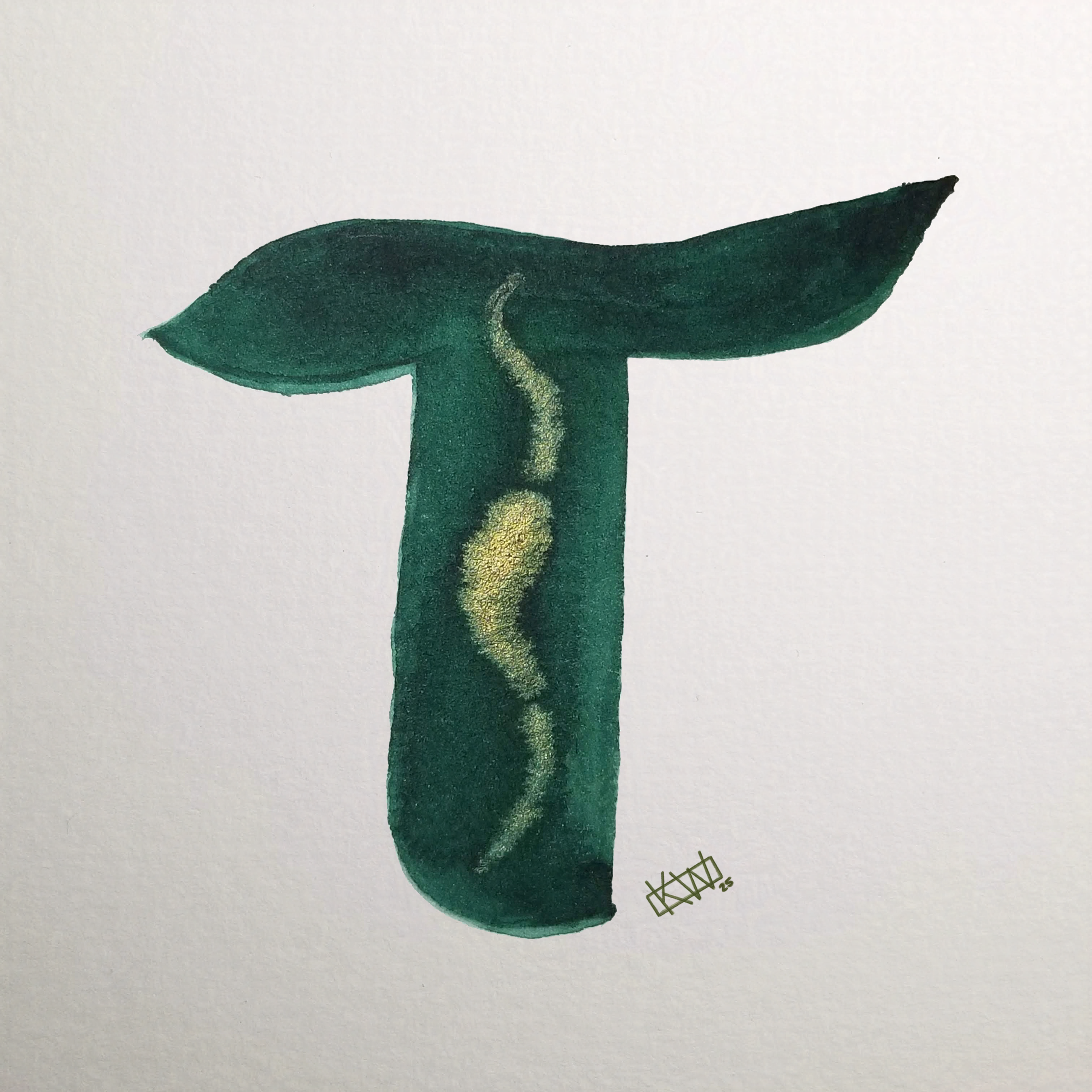Watercolor of upper case letter T in a lovely shade of green with gold swirls.