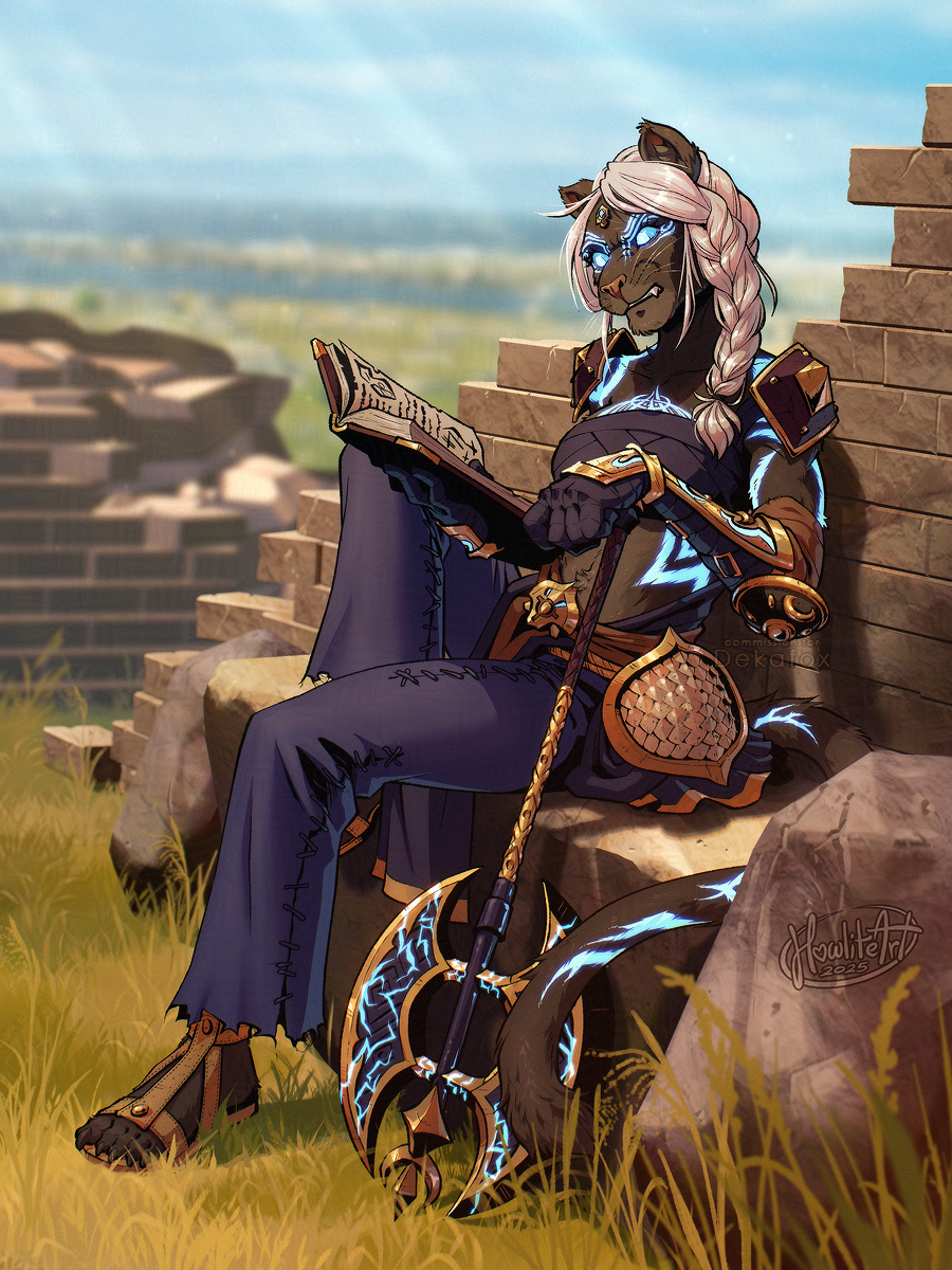 Digital art of a female khajit reading an old tome while sitting amongst old outdoor ruins, a confused and somewhat disgruntled expression on her face as she tilts her head at the text. She has black fur and white hair in a braid, glowing blue markings adorning her visible fur. Her unoccupied hand rests on the butt of a large electrified axe resting next to her.