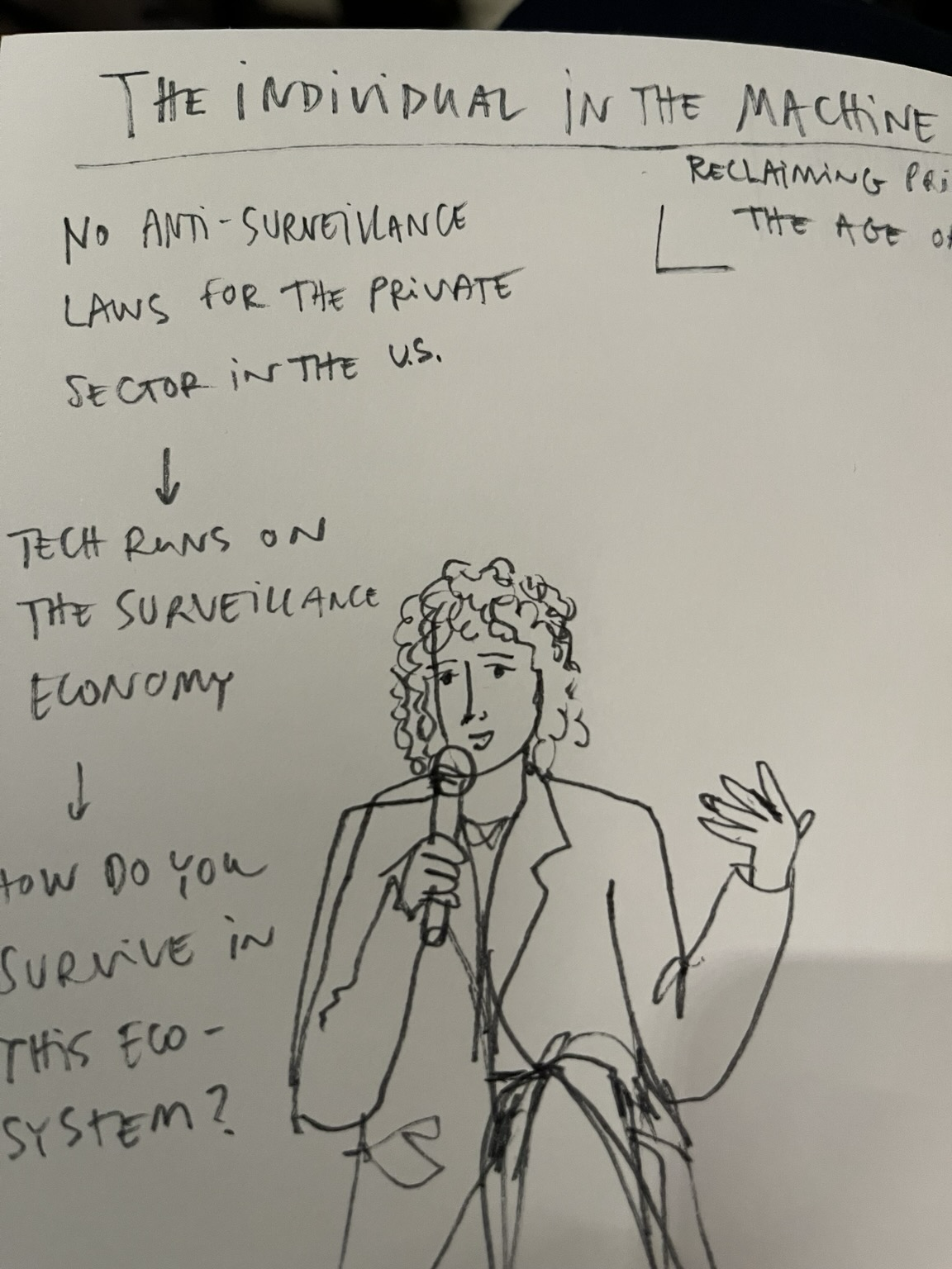 Sketchnote of Meredith Whittaker with some notes, pen on paper by Julia Racsko 2025