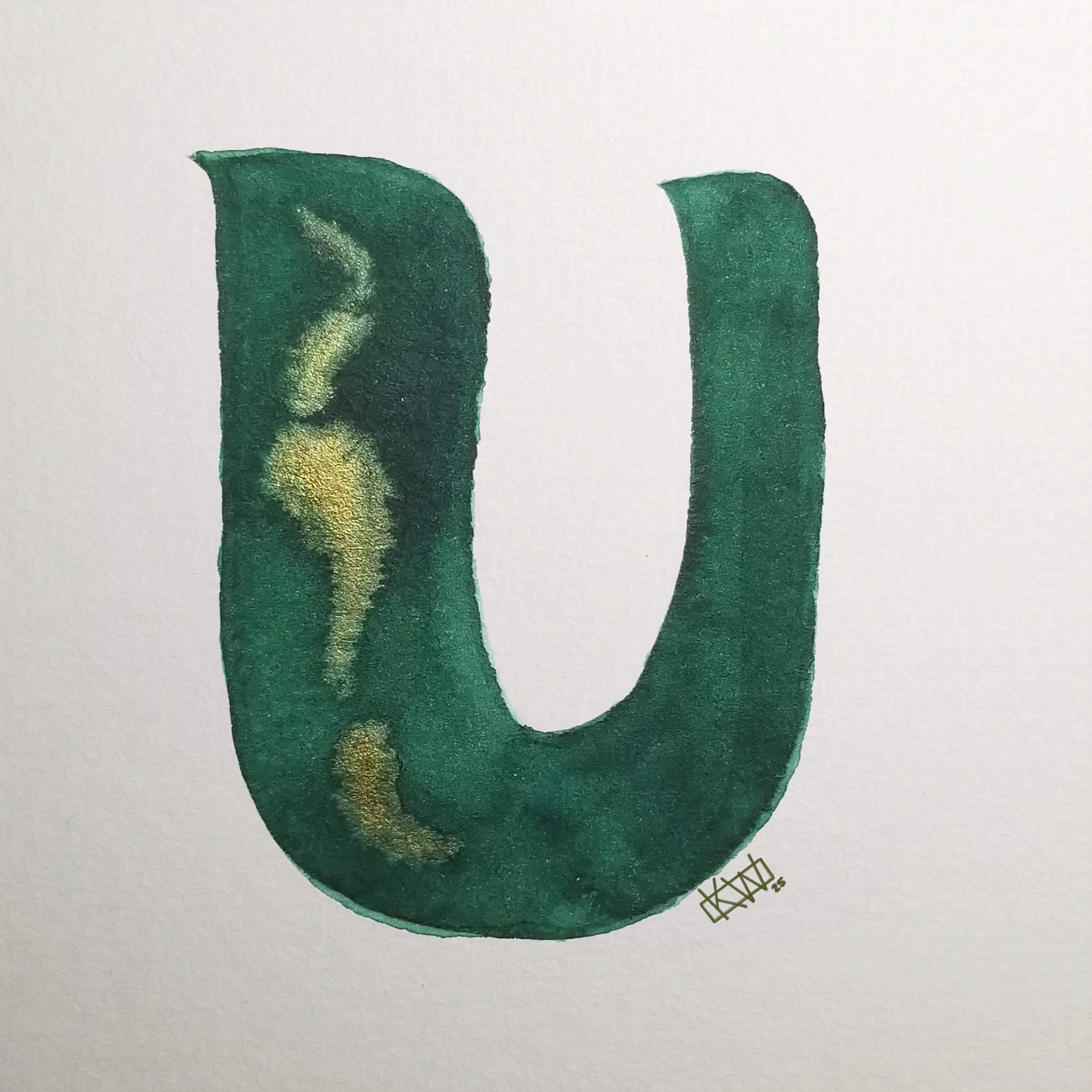 Watercolor of upper case letter U in a lovely shade of green with gold swirls.