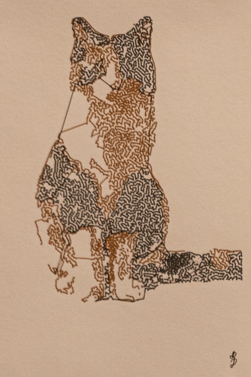 Abstract drawing of a calico/tri colored cat made out of black and golden lines on white structured paper. It’s made of 2 continuous intertwined lines (some are broken due to inconsistent ink flow) connecting 2000 not visible dots in a complicated zig zag way. The cat is sitting and looking in the direction of the viewer with the paws barely visible and the tail going out of the frame to the right.