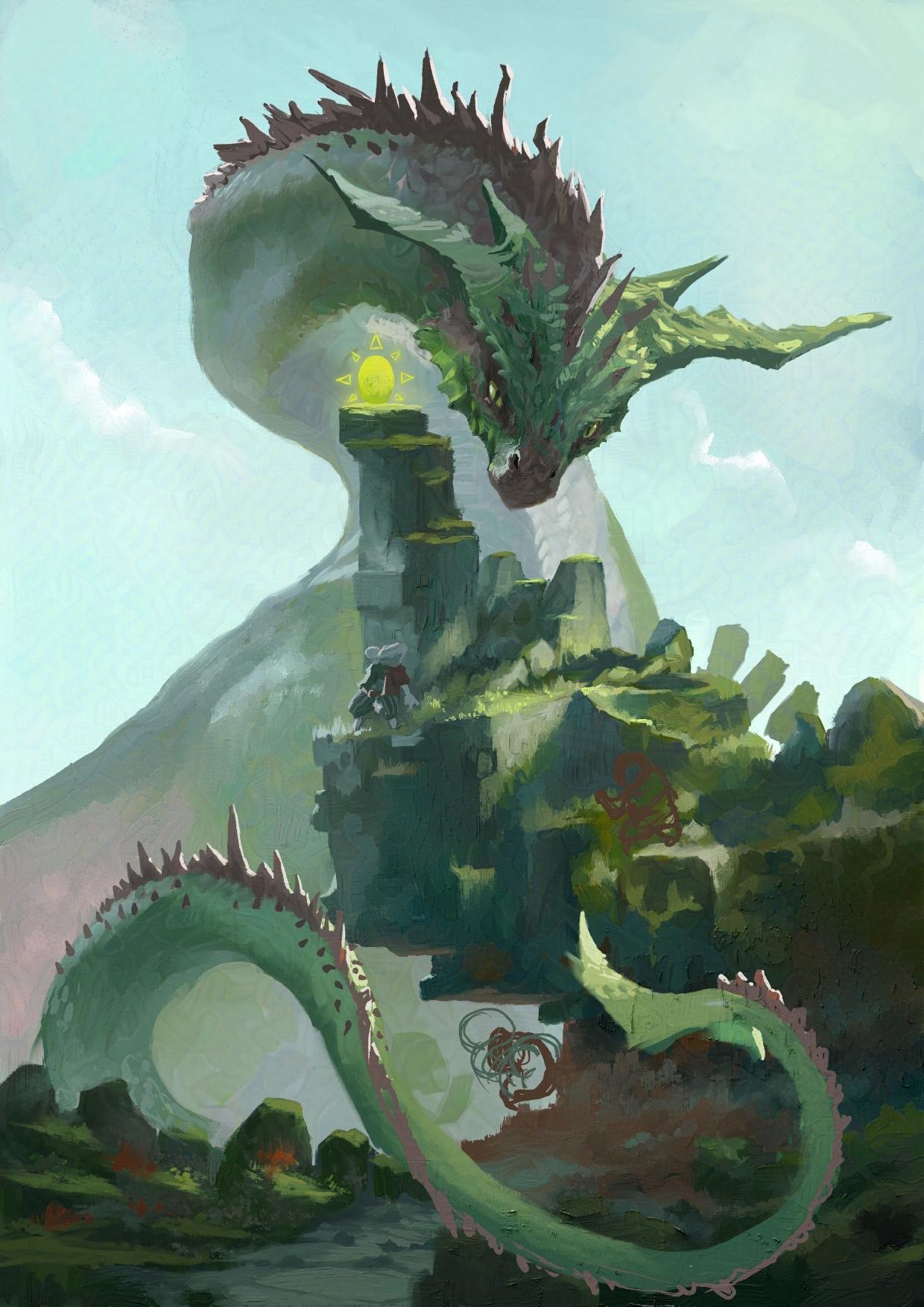 An unfinished digital painting of a band of small animals climbing a cliff to stole a dragon egg. But the dragon stand behind the cliff, apparently having spotted them.