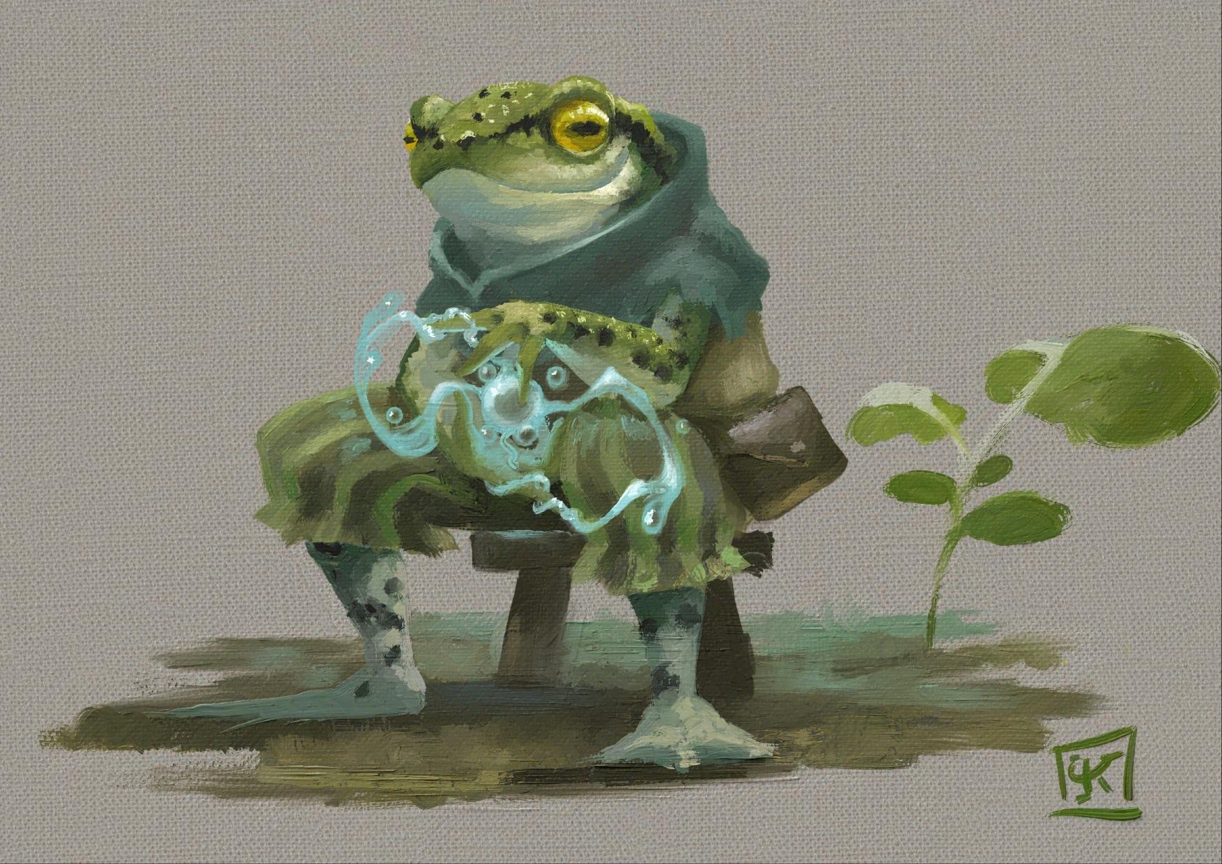 A digital painting of a mage green frog, conjuring water with her hands, sitting on a stool, wearing medieval-inspired clothing.