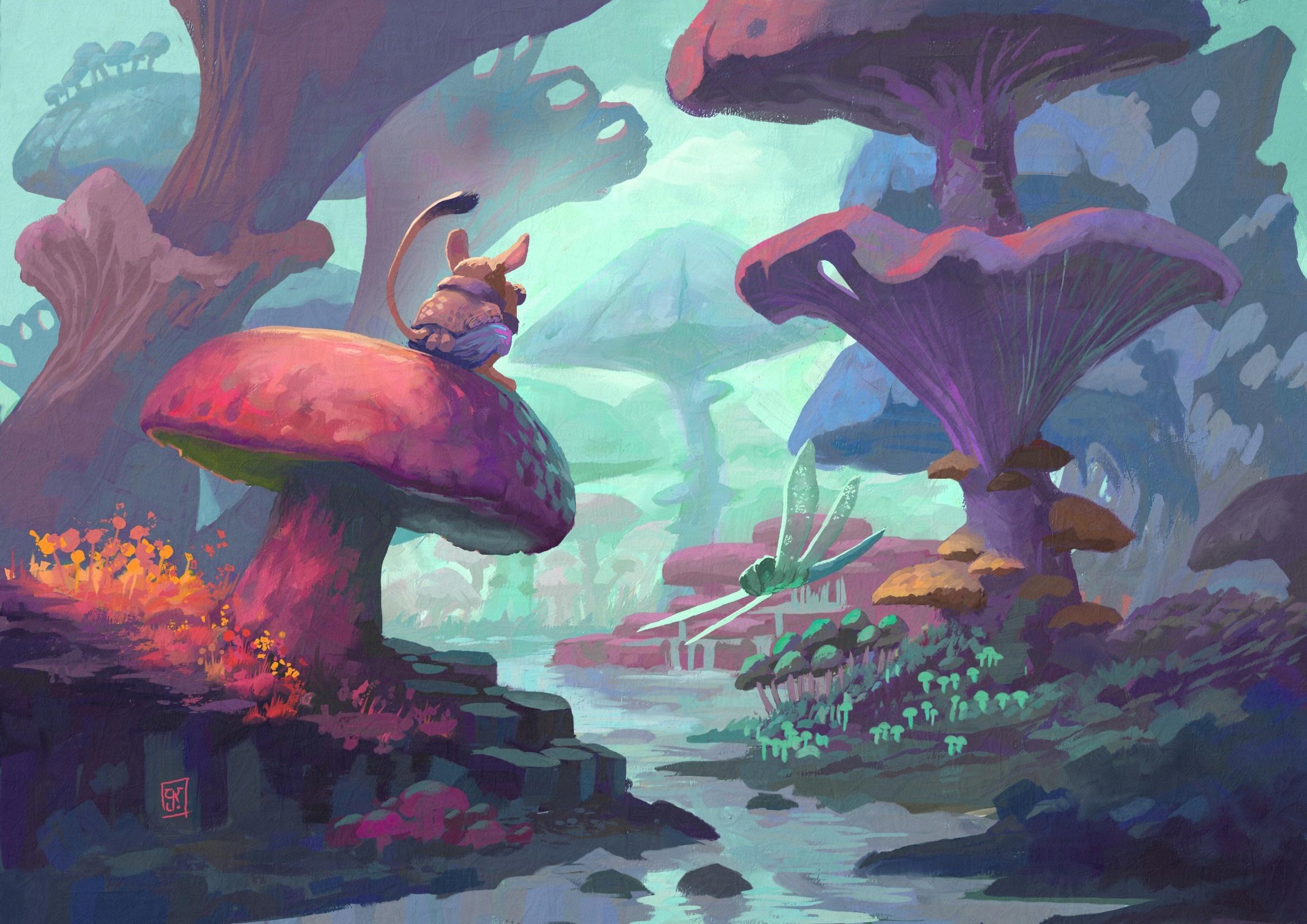 A colourful digital painting, in tones of blue and pink, of a forest of giant mushrooms. In the foreground stands a mouse, dressed in medieval-style clothing, sitting on a mushroom. She is watching a dragonfly flying near the water.
