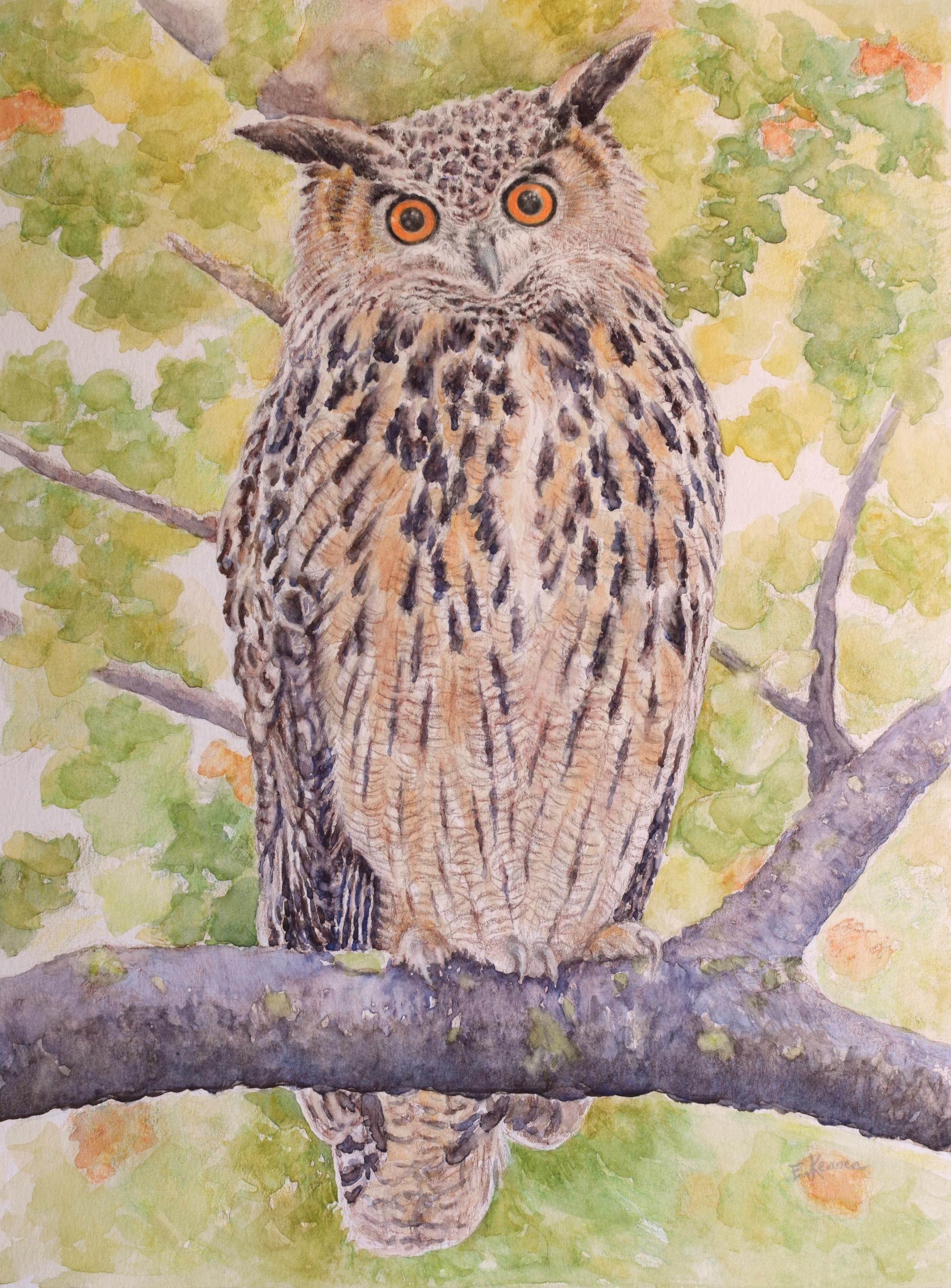 Watercolor painting of Flaco, the Eurasian eagle owl of NYC. Owl is perched on a branch with soft green, yellow, orange leaves all around.