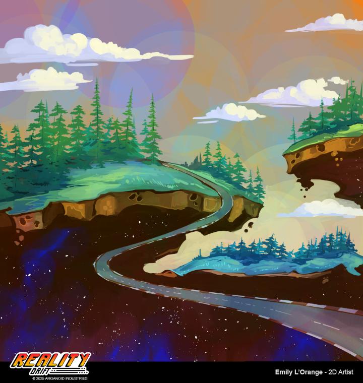 A digital illustration showing a floating landmass, grassy with evergreen trees. It appears thin, maybe six feet deep, and underneath it can be seen a starry night sky. a race track passes through the sky and travels through the forest. the sky above is ocher, with puffy white clouds.