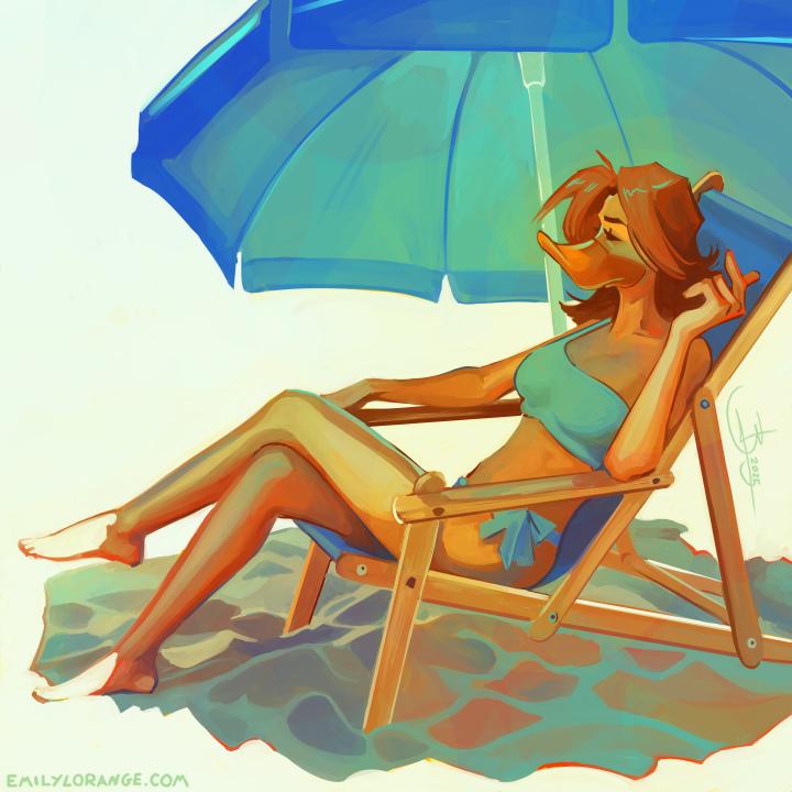 a digital painting of an anthropomorphic duck, sitting in a beach chair. the sun is blocked by a large blue umbrella that casts a blue tone on her, and she lounges in a bikini, looking off in the distance. the colors are mainly oranges and blues.