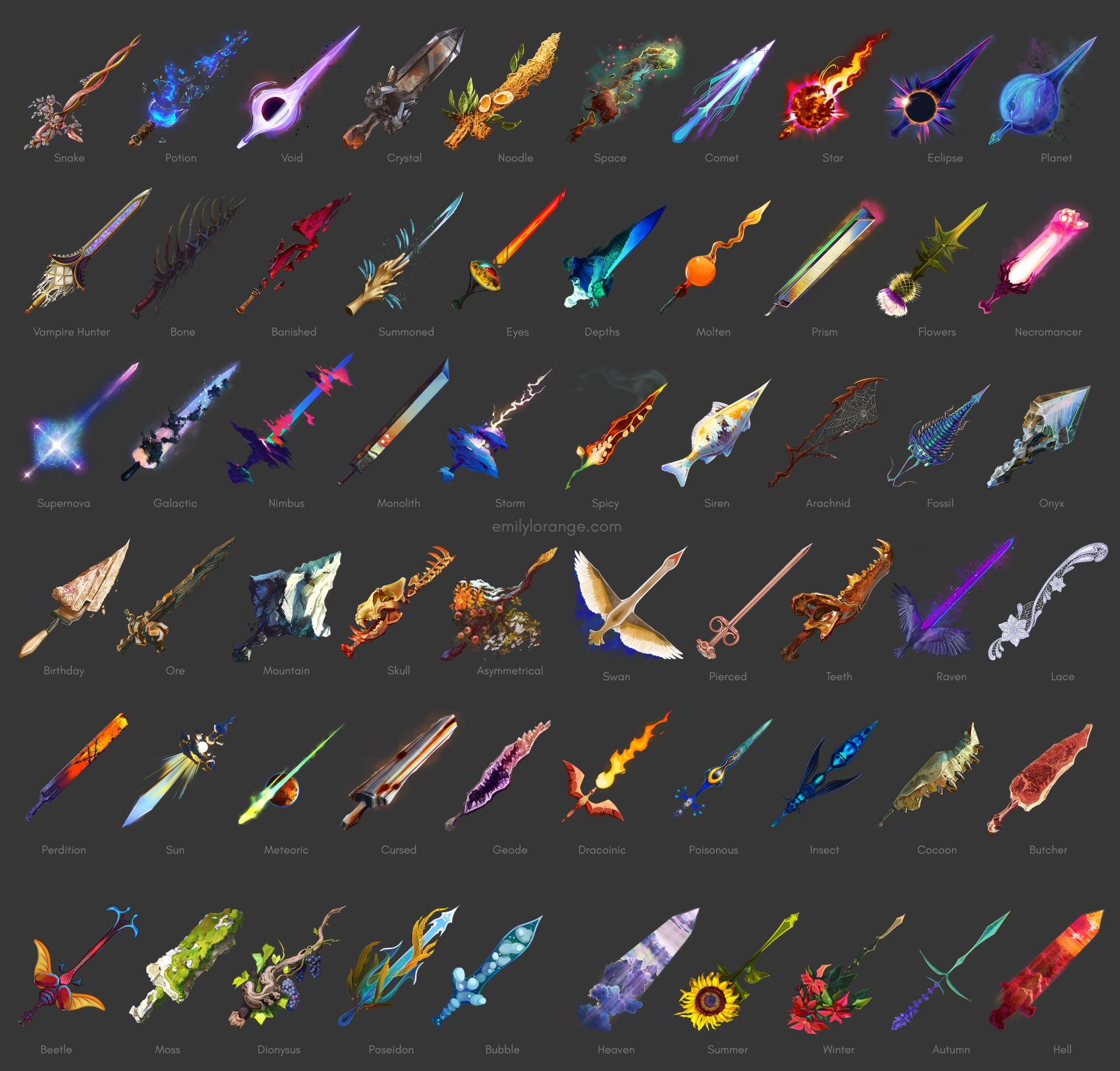a collection of painted 'swords' organized into four rows, oriented with hilt in the bottom left, and tip on the top right, on a neutral, dark grey background. each sword is a strange and fantastical interpretation of a word written in grey text below them. some of the words included are: 'void' (sword resembles a black hole), 'storm' (sword resembles lightning emanating from a cloud), 'mountain' (sword resembles a mountain peak), 'spicy' (sword resembles a smoking chili), 'star' (sword resembles an image of the sun with a solar flare), 'Flowers' (sword resembles a thistle), 'fossil' (sword resembles a trilobite), 'forest' (sword resembles three trees in autumn), 'arachnid' (sword resembles a spiders web in a branch), 'molten' (sword resembles blown glass that has not yet cooled)