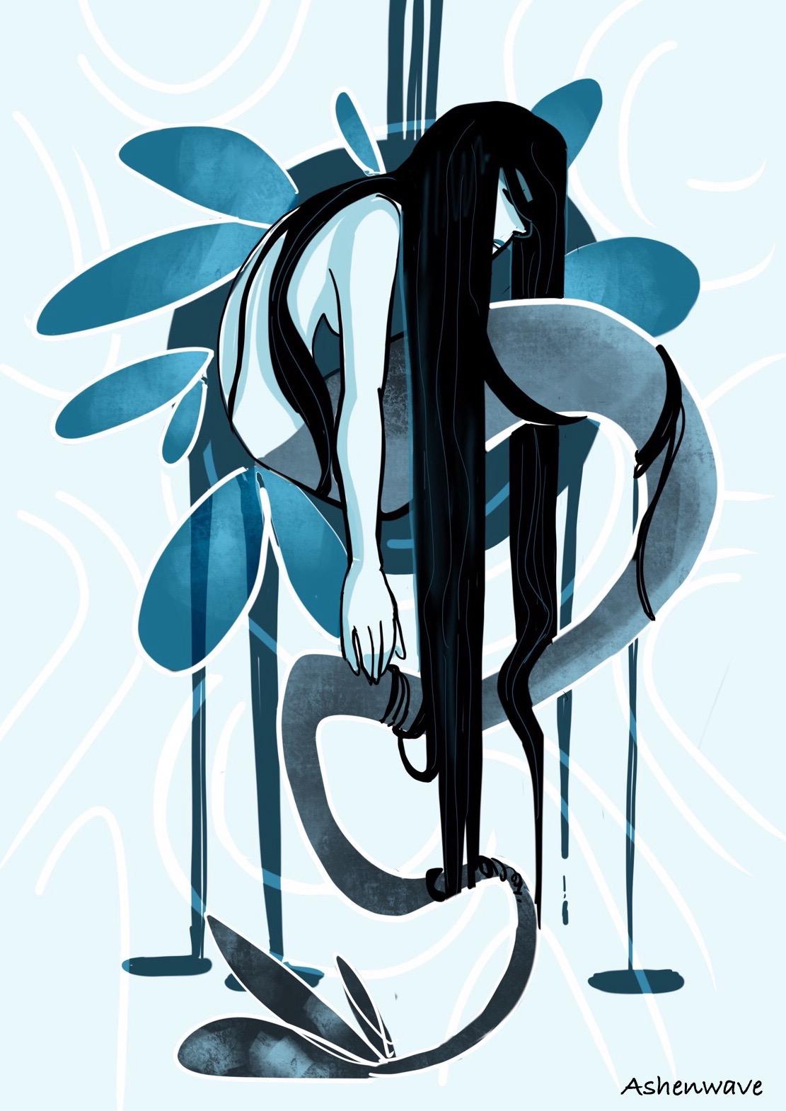 Illustration of a mermaid in a blue color palette. She’s floating in a fetal position with her long black hair falling to the ground like ink spilling on paper.