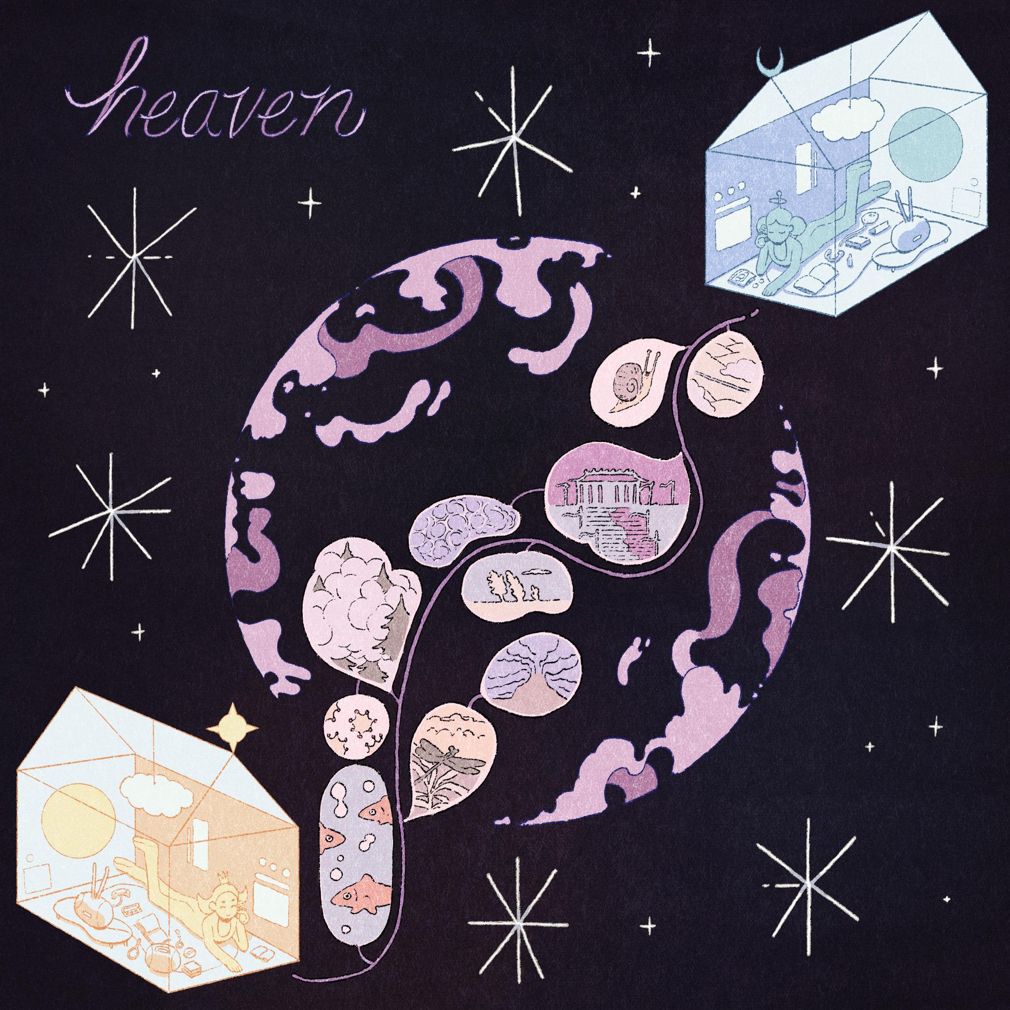 A digital album cover featuring two figures in repose inside transparent houses depicted in space. Representing the sun and moon, they are connected by a cosmic phone line that travels through the remains of an obliterated planet, their thoughts displayed as memories of the planet's primary wonders. The title "heaven" is written in the corner in ribbon script.