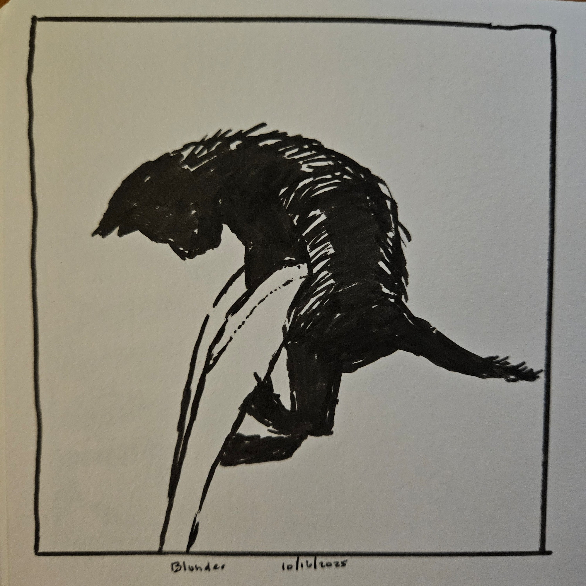 an ink drawing of a kitten attempting to climb over the back of a chair but struggling. a bit of a blunder.