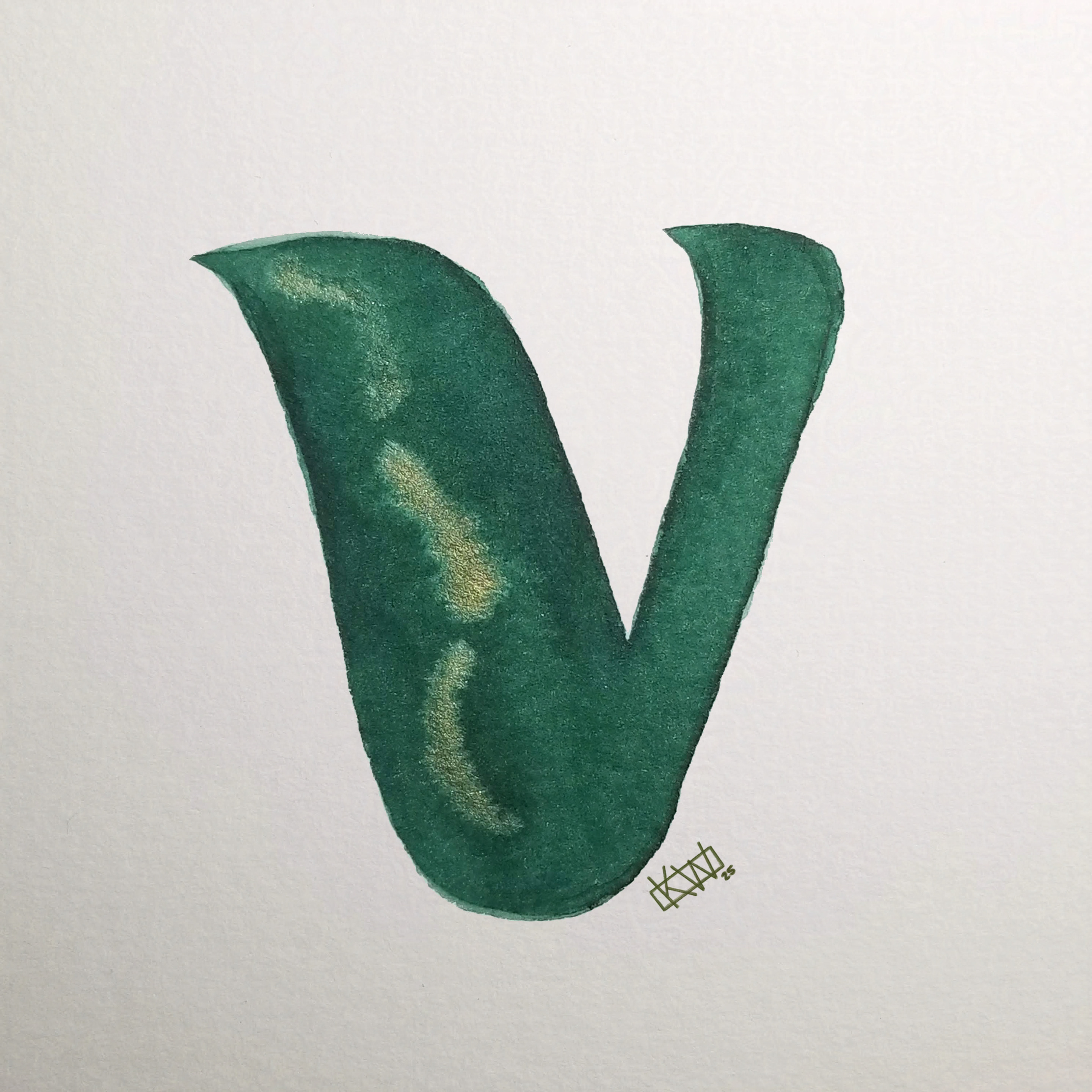 Watercolor of upper case letter V in a lovely shade of green with gold swirls.
