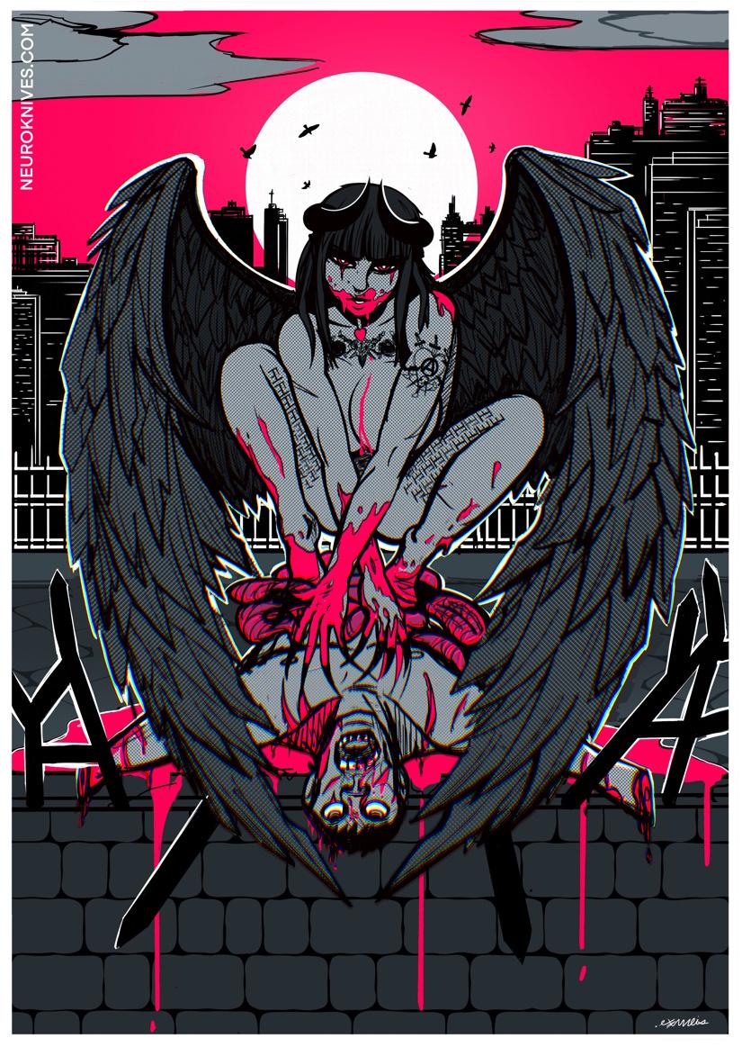 Drawing of my OC, Reika, as a winged succubus perched atop the corpse of a dead man that she's clawed up and disemboweled. Mostly grayscale, but with red accents.