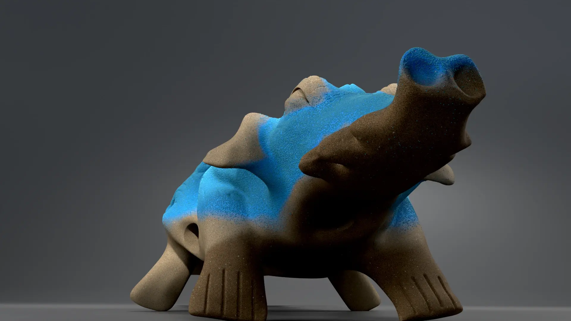 Photorealistic 3D render front low angle  view of a terracotta clay crocodile inspired figure. It has holes on the side to be used a whistle. Its top is covered with a blue paste. Also, it looks kinda inquisitive in a grumpy old dog way.