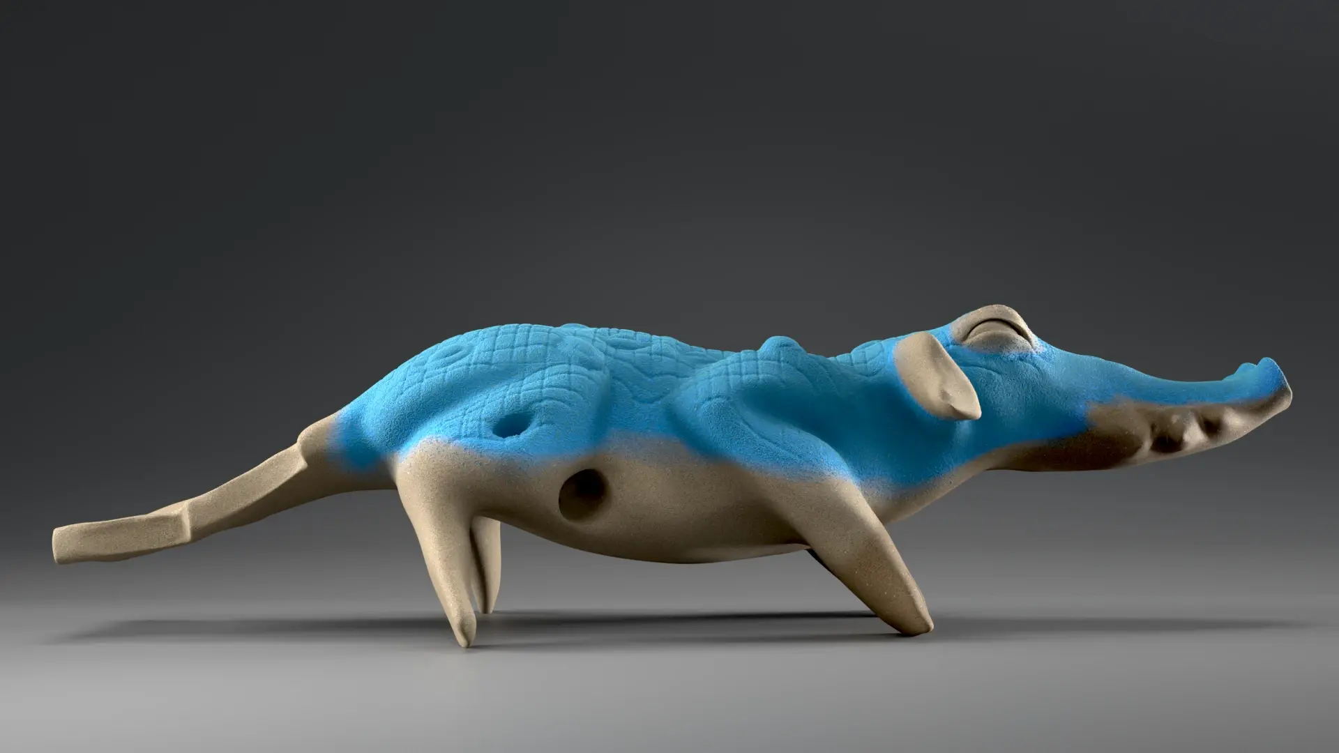 Photorealistic 3D render side view of a terracotta clay crocodile inspired figure. It has holes on the side to be used a whistle. Its top is covered with a blue paste.