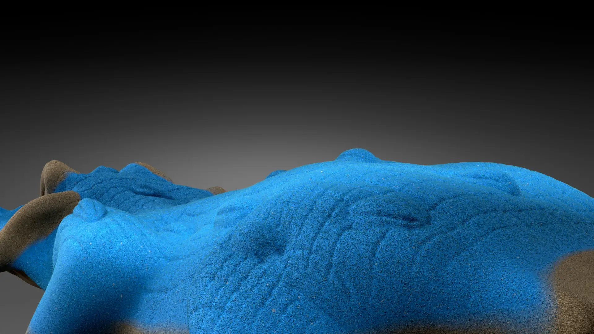 Photorealistic 3D render  view of the relief on the top of a terracotta clay crocodile inspired figure. Its sombre ochre clay is covered on the top with a blue paste.  The higher bumps have a cocoa seed pod shape.
