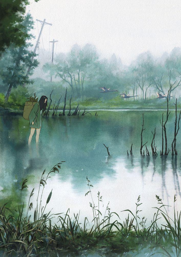 a painting of a girl wading through a foggy lake