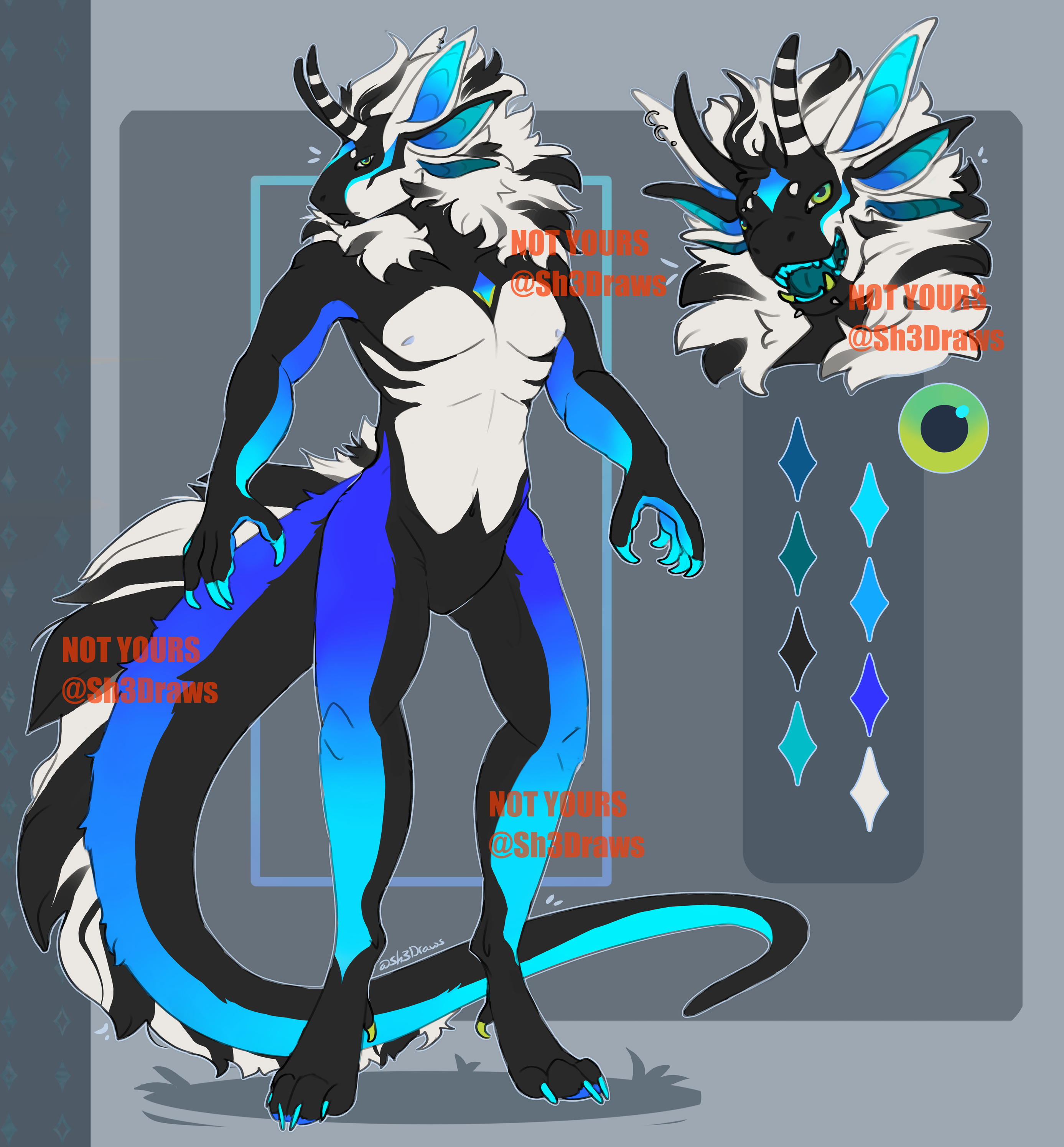 Ref sheet (fullbody and headshot) of alien like oc with alot of blue and cyan gradients.