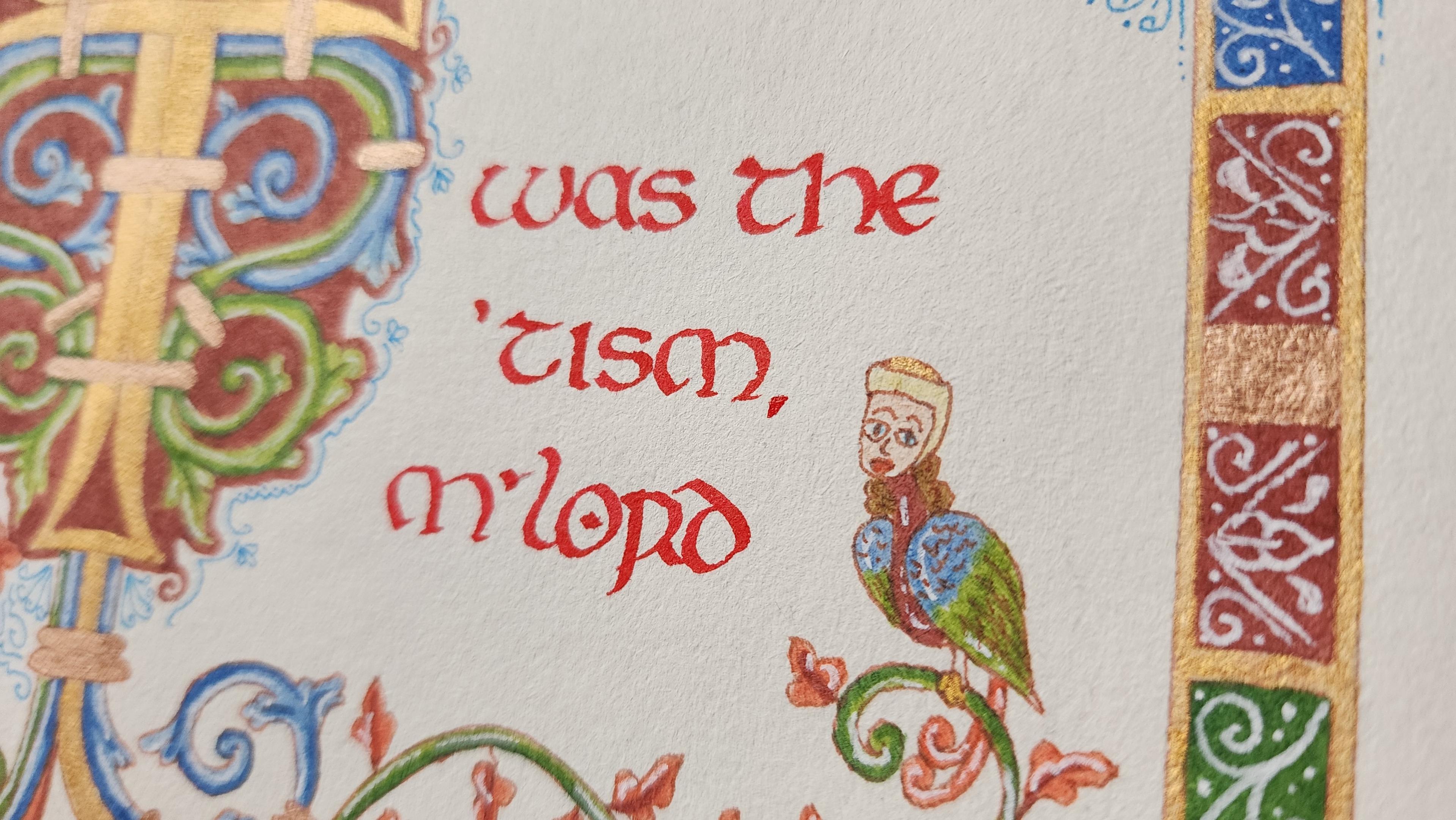 Close up of the detail on the bird woman. She's got blue and green wings, a red body, a long neck, and is wearing a pale yellow cap over wavy brown hair.