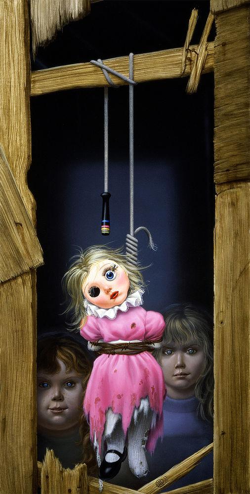 A doll wearing a tattered pink dress with frilly collar hangs from a jump rope tied into a noose. It’s head is skewed to one side and its hair is slightly disheveled. One eye is missing and a fly craws on the other. Rusty barbed wire wraps around the torso as arms are tied behind. One shoe black shoe is missing. The doll is framed by broken boards. In the opening behind it, two children peer out. Their faces are rendered plastic and doll-like, disturbing in their deranged stares.