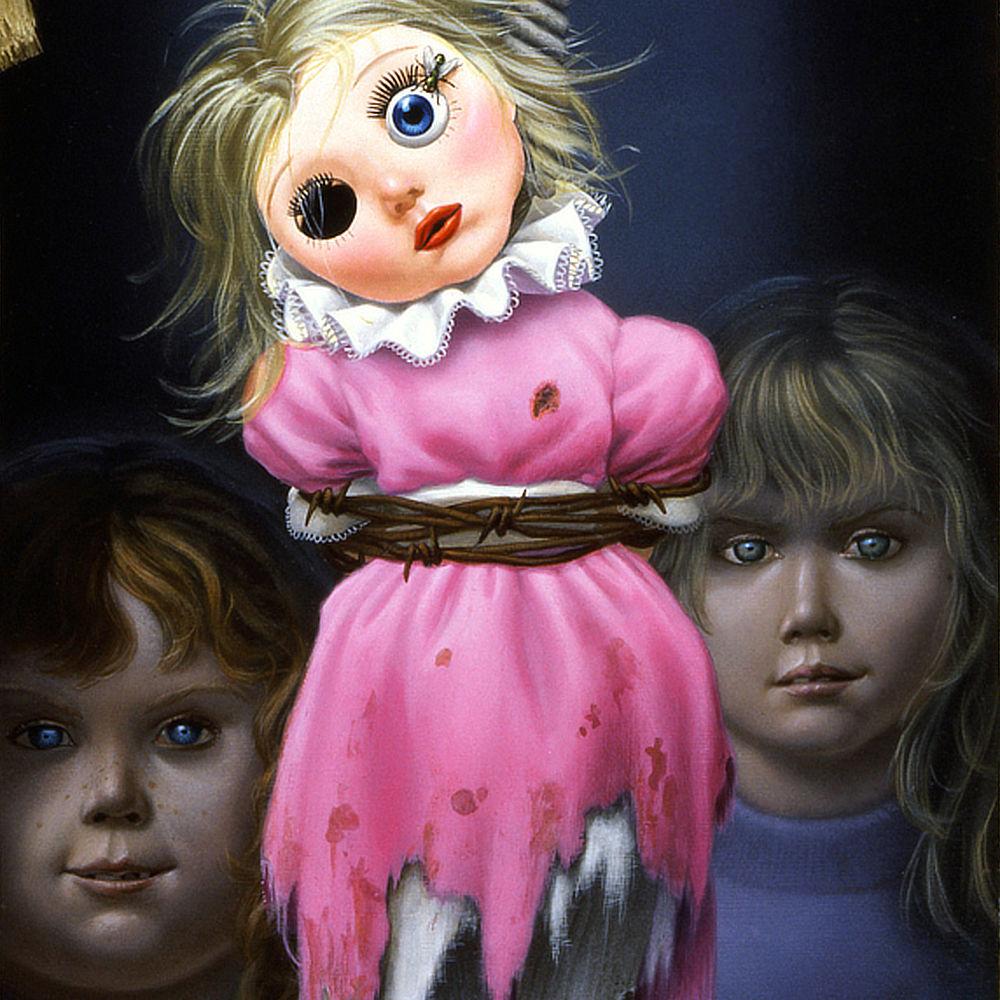 Background detail from THE DOLL featuring two pudgy faced girls lurking behind the lynched doll. Their eyes are glassy and their cheeks take on a plasticity reminiscent of a doll. The taller girl has long blonde hair  and a dead expression, while the shorter girl has red hair and a wicked hint of a smile.