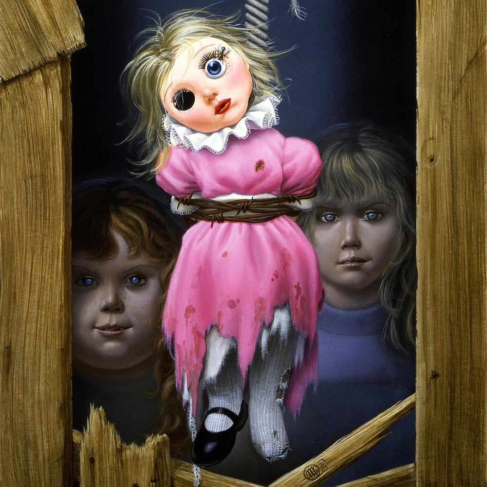 Figure detail from THE DOLL featuring a female doll bound by rope at the waist and hanging from a noose. A fly perches at the edge of its left eye, which is round and human with thick lashes. The other socket is black and empty. Her dress is pink and tattered at the hem to expose white stockings. She wears one black shoe; the other is missing. The frilly white collar obscures the rope around her neck. She looks at the viewer with tilted head.