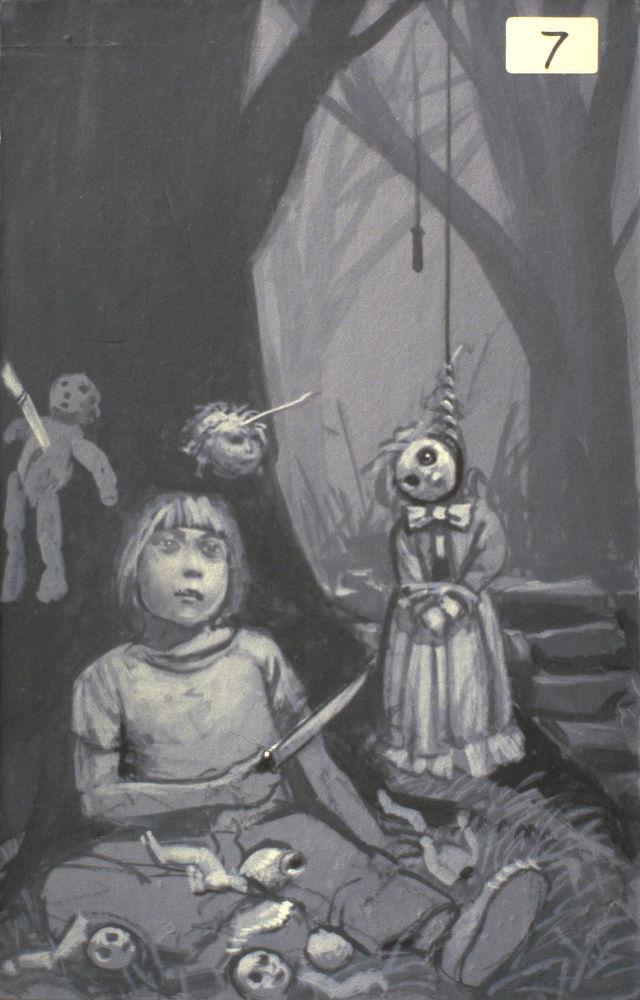 Tonal preliminary concept featuring a child brandishing a knife as a doll with a crooked neck and hands tied hangs from a noose. The child stares off with a disconnected look. Dismembered doll parts lie on their lap. Another knife pins a doll to a tree. A doll head is pinned next to it, stabbed through the forehead.