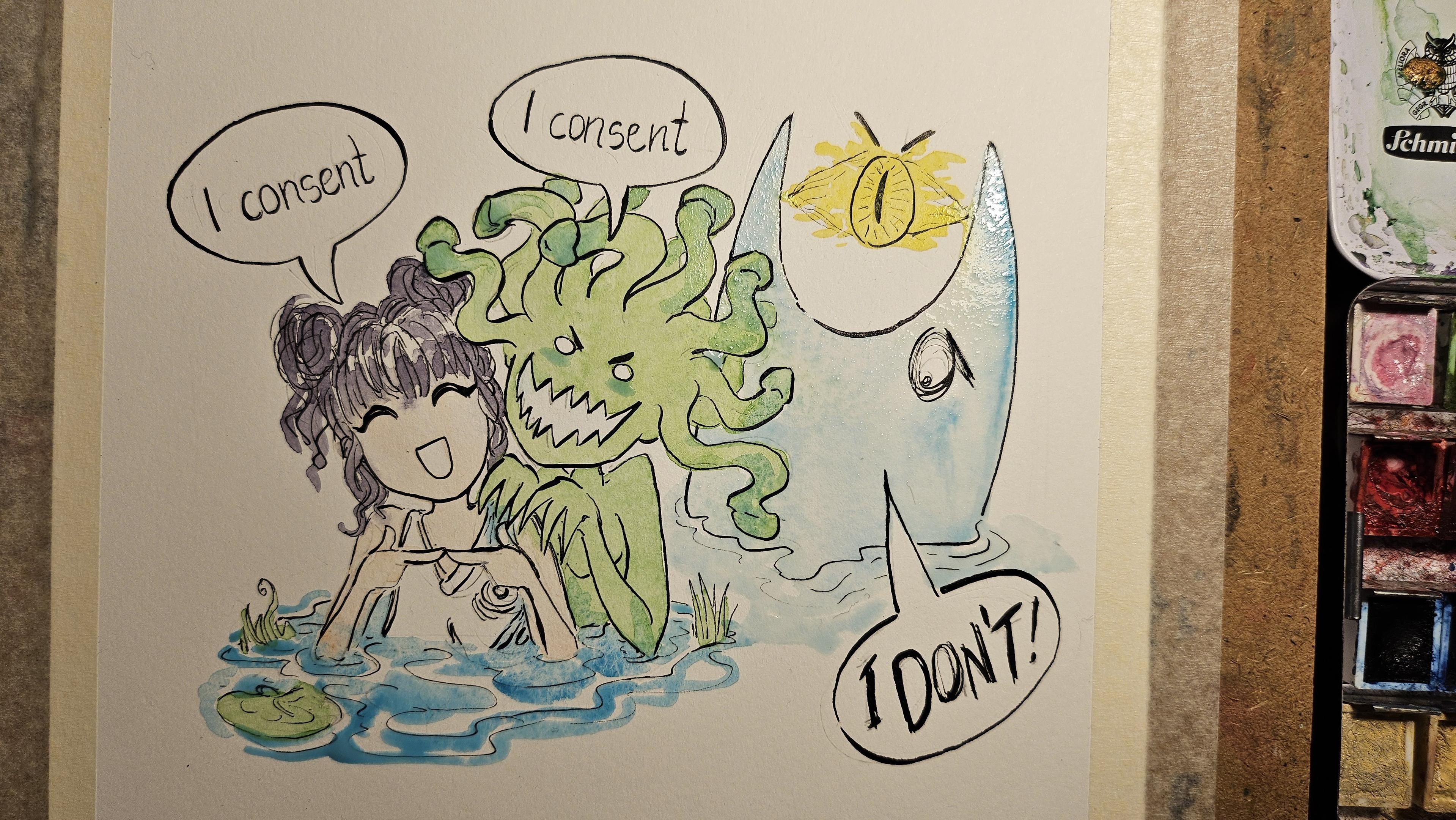 Work in progress watercolour doodle inspired by the "ISN'T THERE A PAYMENT PROCESSOR YOU FORGOT TO ASK" meme. This is showing a monster lady and a human lady, both like "I consent". Behind them a sauron tower fish thing emerges to shout "I DON'T!"