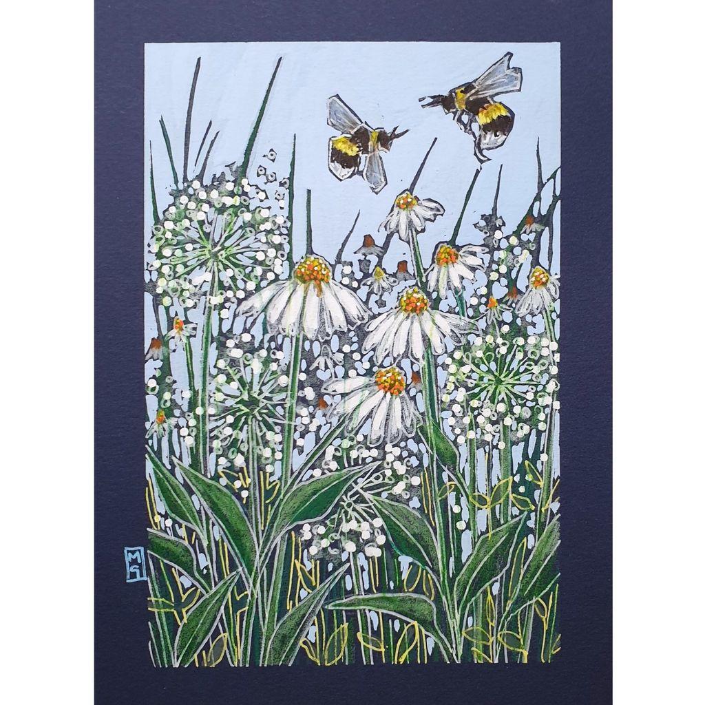 A small artwork featuring two bees flying over a mixed bed of white flowers. The drawing has a light sky blue background and is on dark blue paper.
An original art work, please note that the frame is not included.
Colour pencil and mixed media on acid free toned artist paper
5 by 7 inches (12.7 by 17.8 cm).