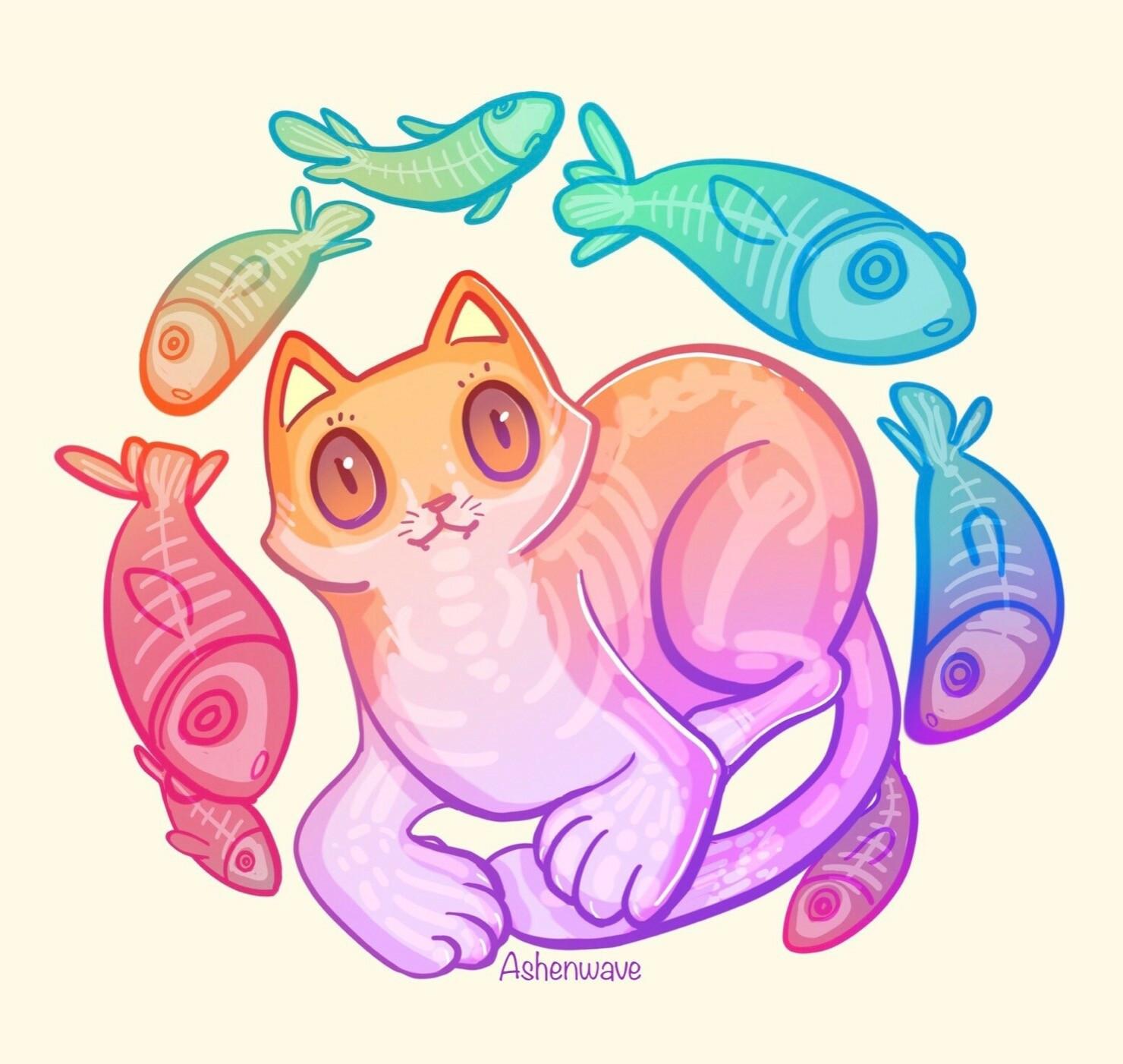 A cute ghost cat looking at some colourful ghost fishes floating around it. Their skeletons can be seen, glowing softly.