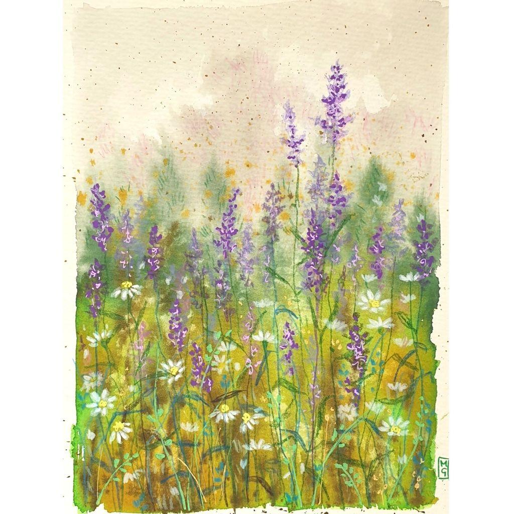 A painting of a wildflower meadow with purple and white flowers, distant trees and a grey sky. The painting has a soft appearance due to a series of gouache washes.
An original art work, please note that the frame is not included.
Gouache and mixed media painting on acid free watercolour paper.
6 by 8 inches (15.24 by 20.32 cm).