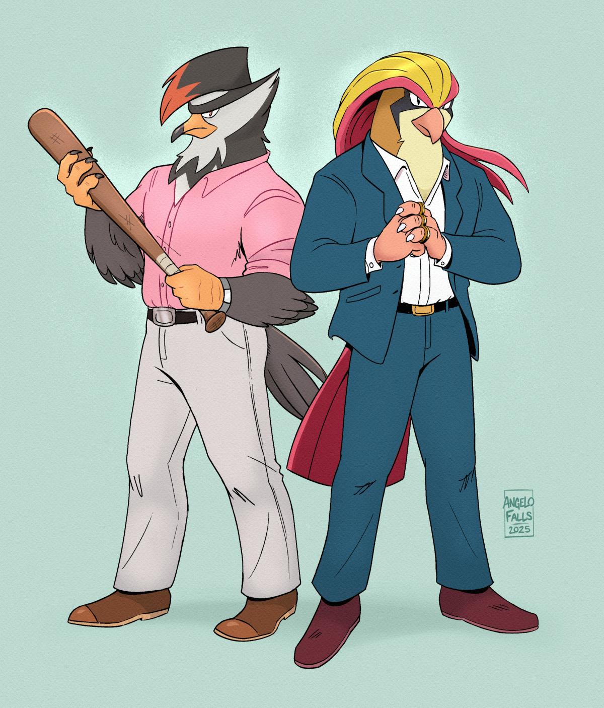 A cartoon drawing of a Staraptor and a Pidgeot, two anthropomorphic male flying type pokemon birds dressed in casual business attire standing in an intimidating pose back to back. The Pidgeot is wearing a blue suit, sleek boots and has a brass knuckle equipped. The Staraptor is wearing a pink dress shirt, white pants and boots while holding a bat at the ready.