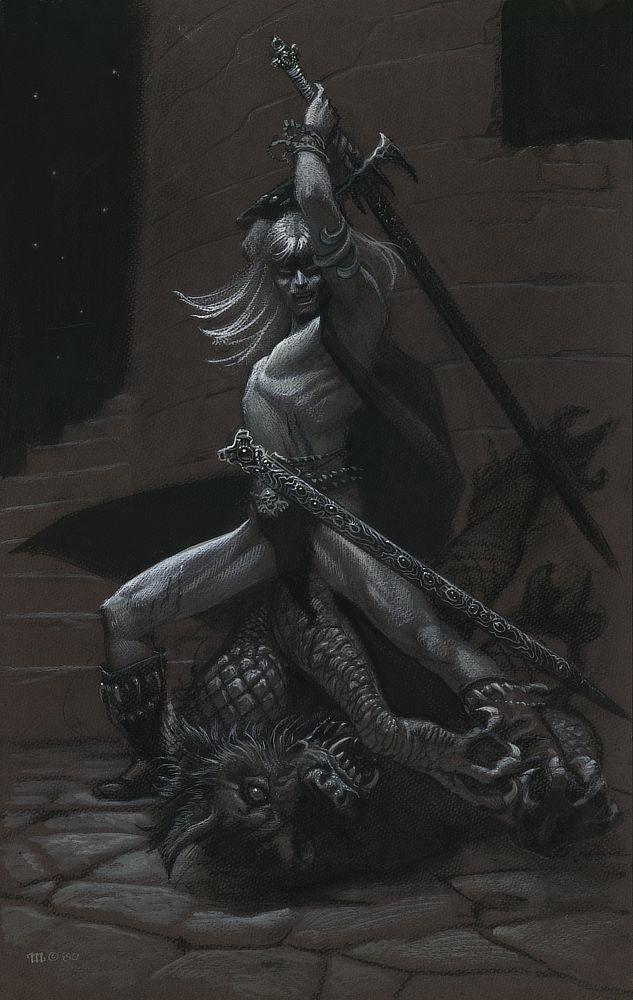 Preliminary concept for ELRIC DEMONSLAYER. Elric stands over a scaled demon. He draws back Stormbringer in a two-handed grip, ready to deal a killing blow.