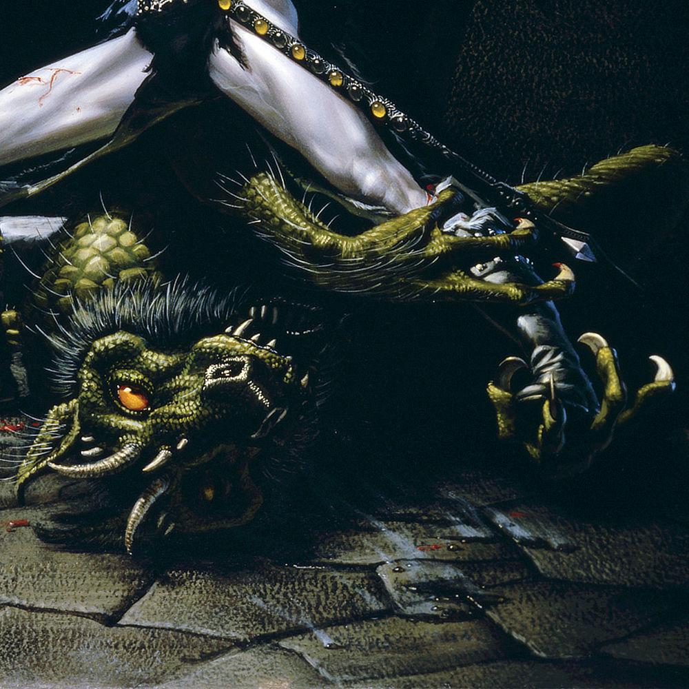 Creature detail from ELRIC DEMONSLAYER featuring a green scaled demon on the ground baring its teeth. As Elric straddles it in a wide stance, the demon grips his leg with its foreclaws.