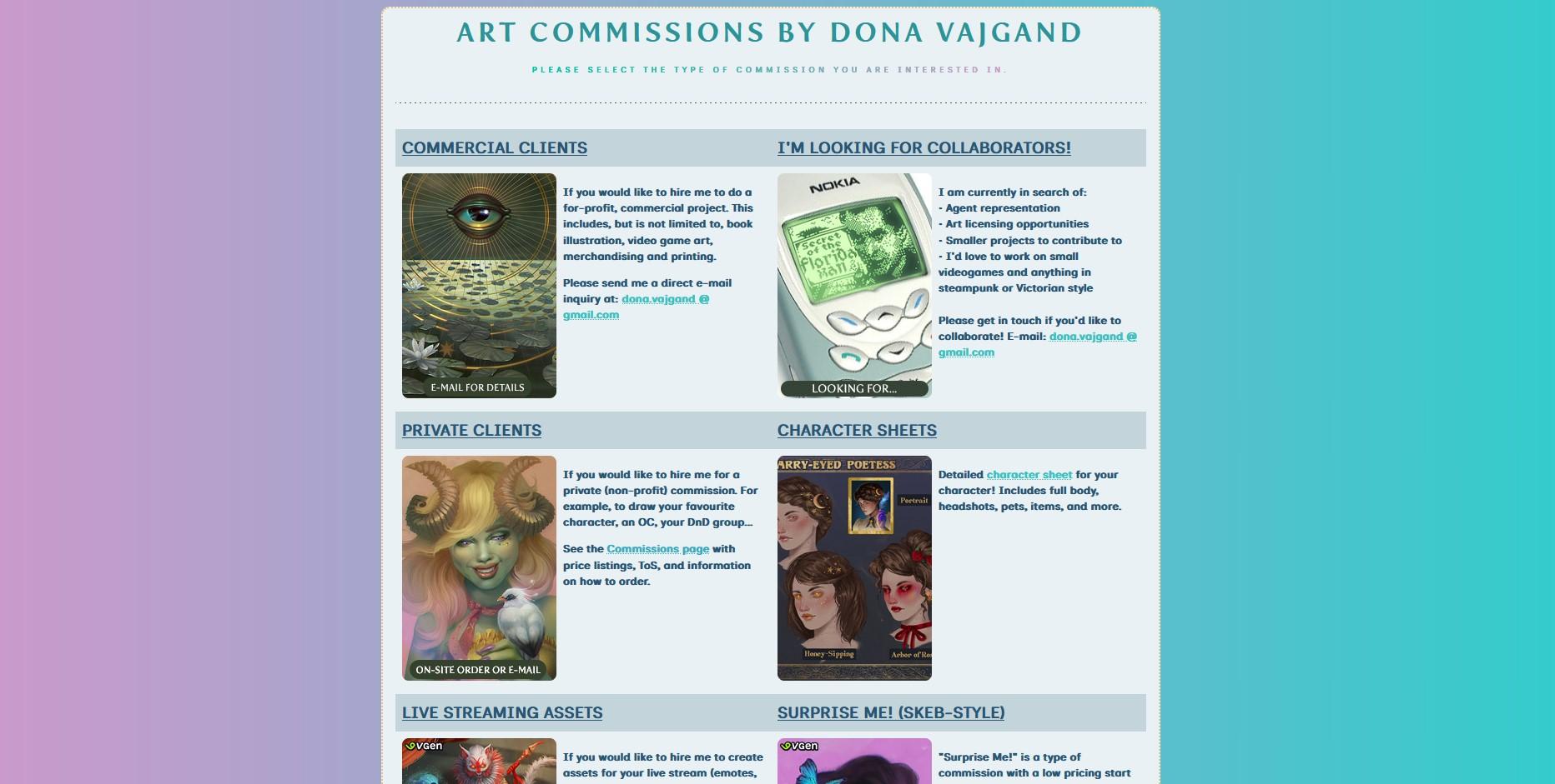 Screenshot of the commissions landing page, showcasing multiple options.