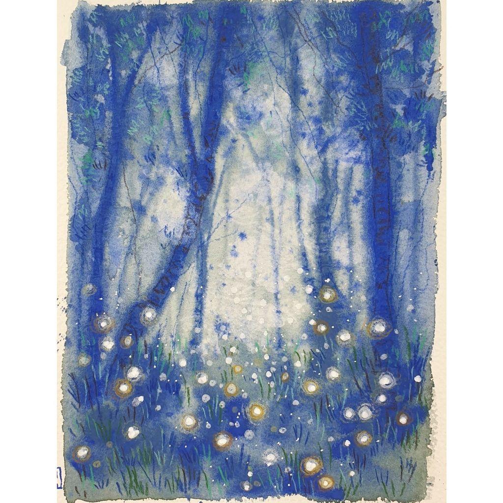A painting of a forest landscape filled with fireflies, the painting uses a palette of mostly blue and green with a little yellow on the fireflies. The painting has a soft appearance due to a series of gouache washes.
An original art work, please note that the frame is not included.
Gouache and mixed media painting on acid free watercolour paper.
6 by 8 inches (15.24 by 20.32 cm).