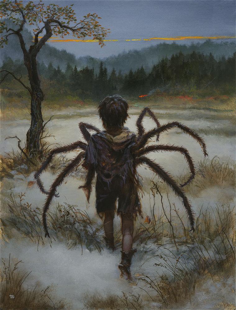 Viewed from behind, Mordred is caught in transformation between spider and boy. Browning vegetation forms lines in the snow that extend around a single tree with thinning leaves. His clothes are in tatters, exposing his bare legs to the elements as he crosses tundra. A blaze of orange holds his attention, signifying a campfire at the edge of the tree line in the distance. Seven hairy spider limbs extend from his torso with his left arm forming a stub as it becomes the eighth.