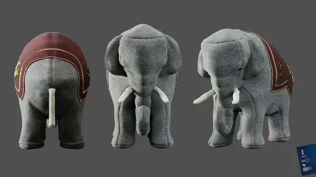 Photorealistic 3D render views of three sides of a plush elephant with a red cover trimmed with golden decors on its back. From left to right: back, front and 3/4th view. 
This is one of the model sheets I use to keep track of / communicate progress during a long project. I may have strayed a little from the scientific process for added cuteness. Please, don't judge !