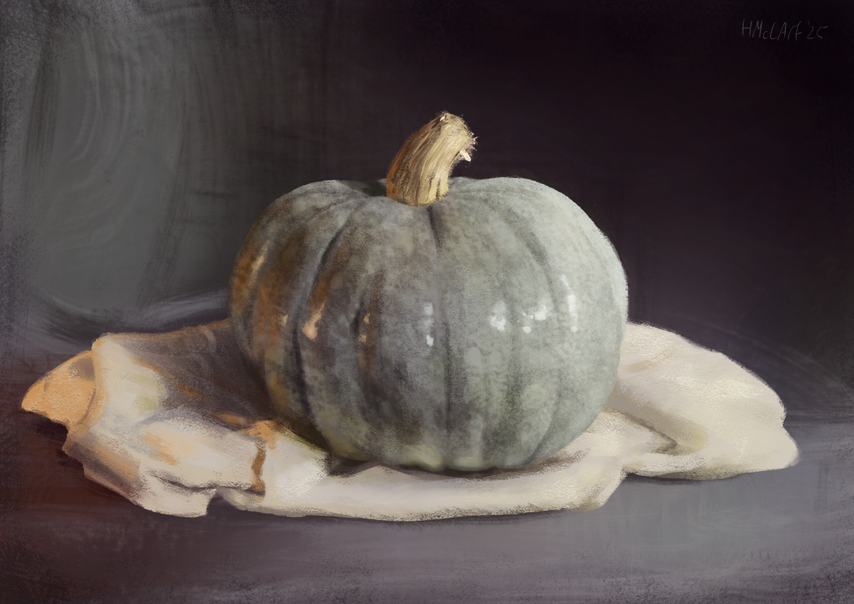 Digital painting of a grey-blue species of pumpkin, presented in a still life style, resting on a white cloth in front of a dark grey cloth backdrop.