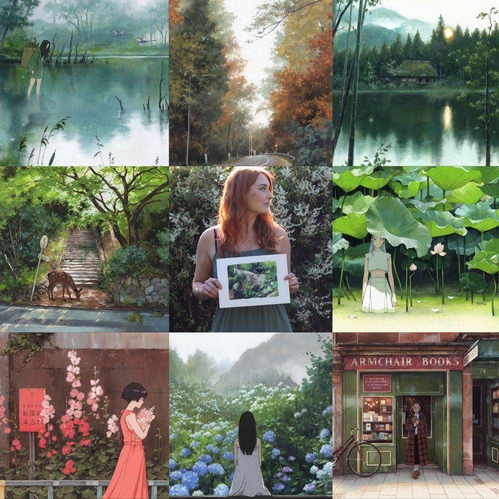 a compilation of traditional paintings, with a photo of the artist in the middle