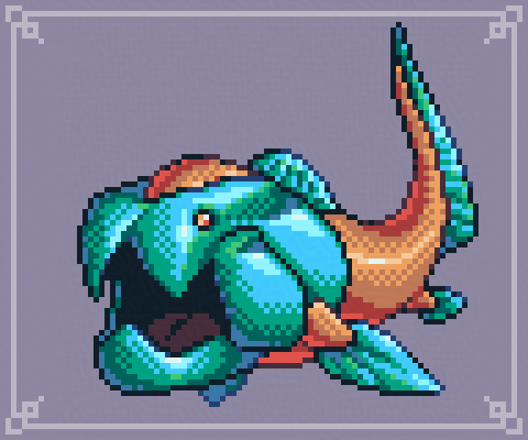A pixel art of a blue and orange Dunkleosteus